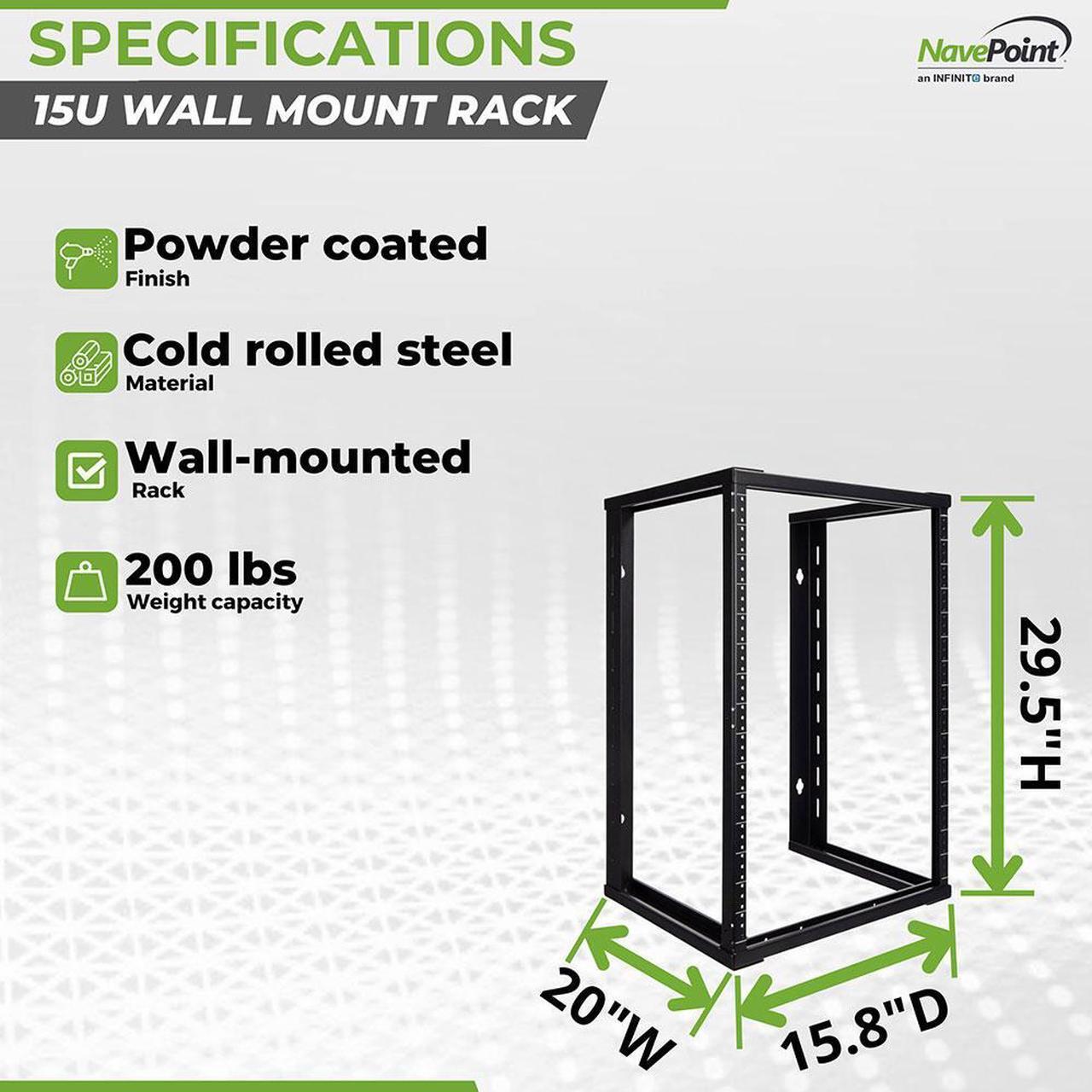 Alt view image 4 of 4 - NavePoint 15U Wall Mount Open Frame 19" Server Equipment Rack Threaded 16 inch depth Black