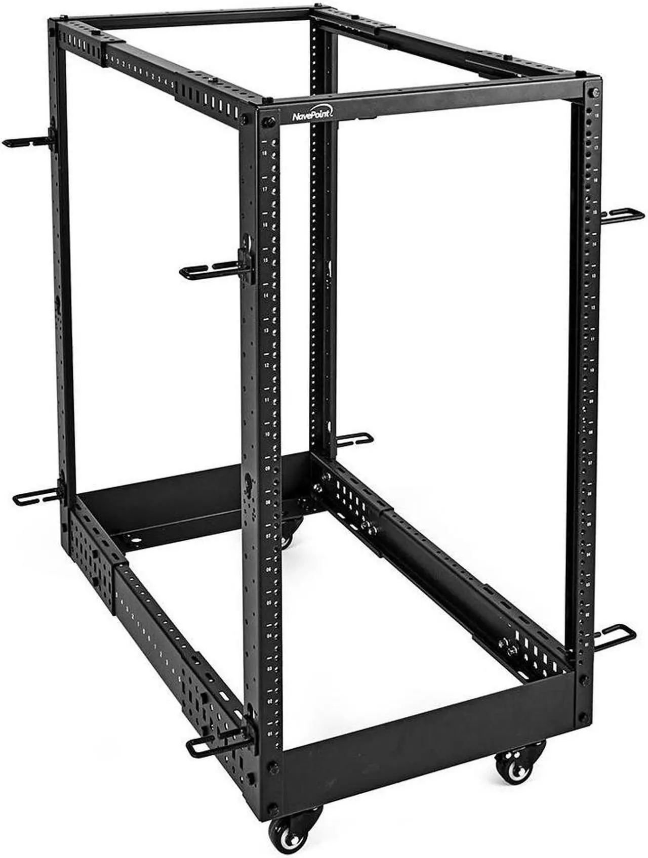 Main image of NavePoint 18U 4-Post Open Frame Server Rack, 19-Inch Adjustable Depth 22" to 40", Network Rack, Includes Cable Management and Casters, (12-24 Threaded),Black