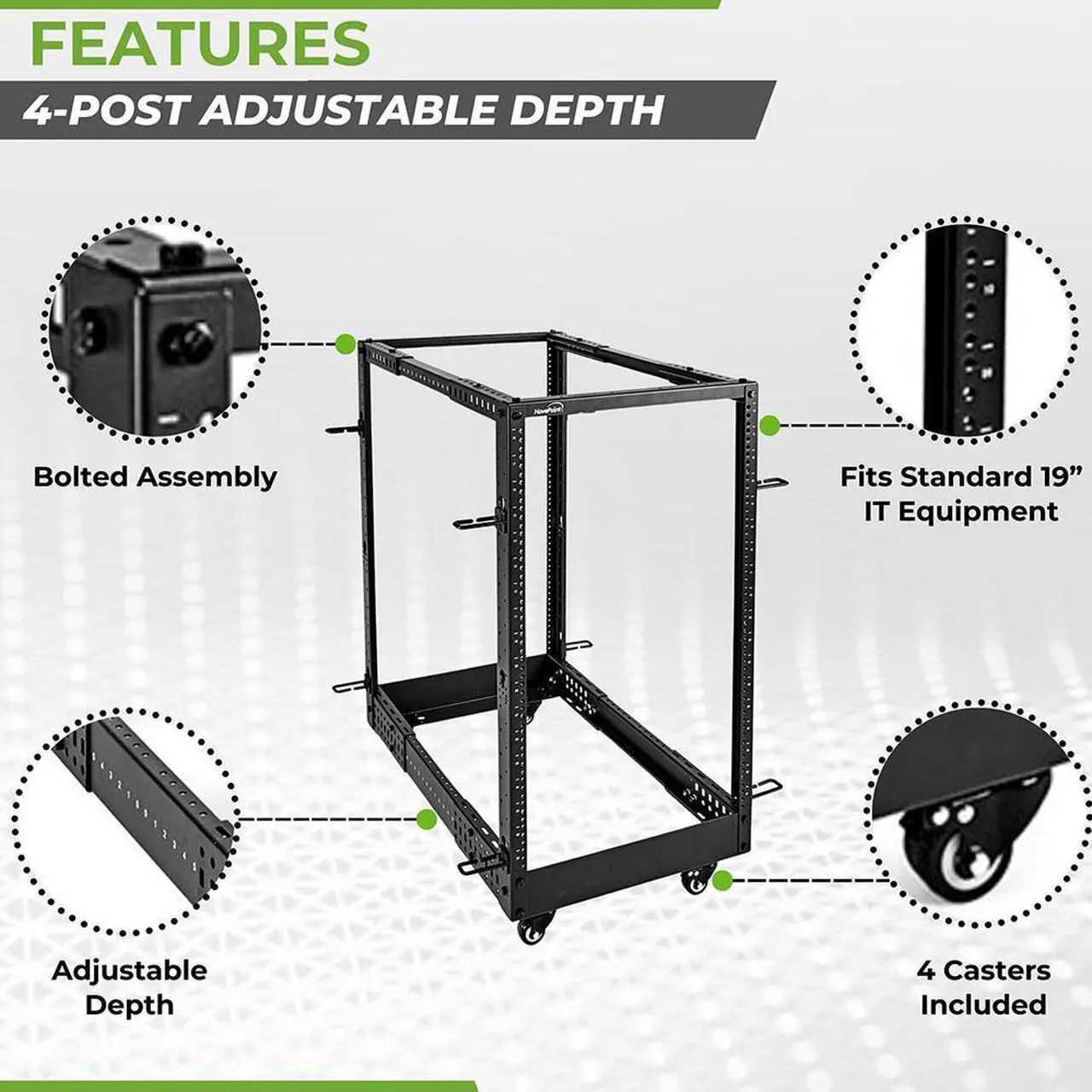 Alt view image 2 of 4 - NavePoint 18U 4-Post Open Frame Server Rack, 19-Inch Adjustable Depth 22" to 40", Network Rack, Includes Cable Management and Casters, (12-24 Threaded),Black