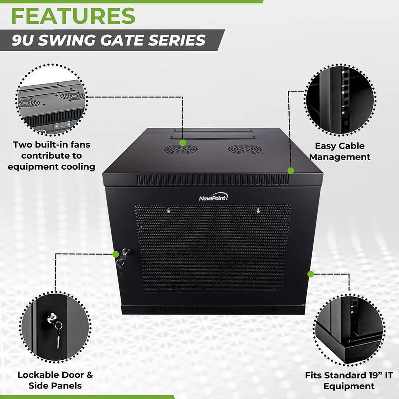 Alt view image 2 of 4 - NavePoint 9U Wall Mount Hinged Swing Out Perforated IT Server Network Rack Cabinet Lock