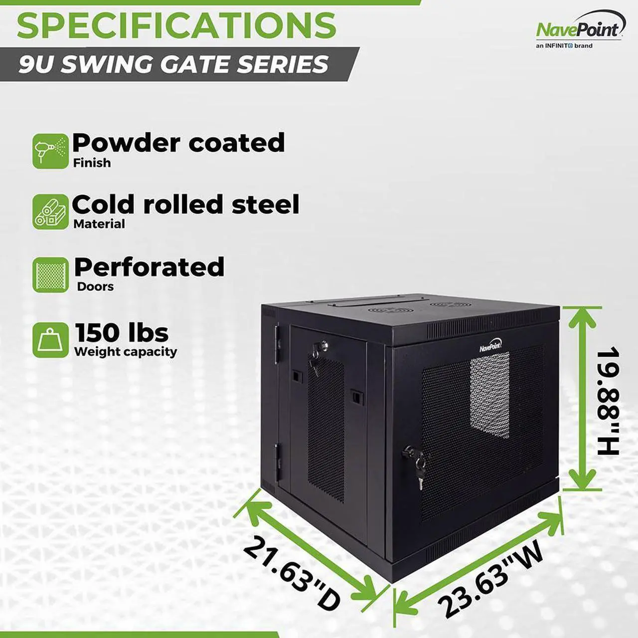 Alt view image 4 of 4 - NavePoint 9U Wall Mount Hinged Swing Out Perforated IT Server Network Rack Cabinet Lock