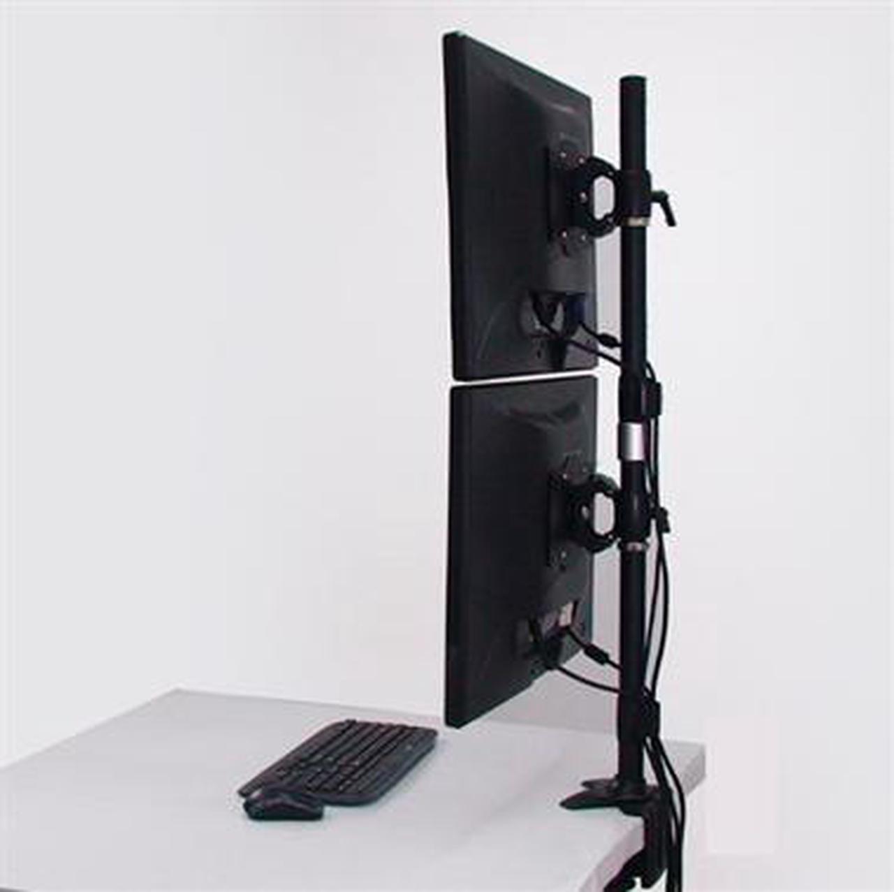 Amer Dual Vertical Monitor Clamp. Supports up to two 32" monitors weighing up to 26.5 lbs each. 200×100 / 100×100 / 75x75mm. Also ideal for 26, 27, 28, 29, 30 and 32 inch monitors.