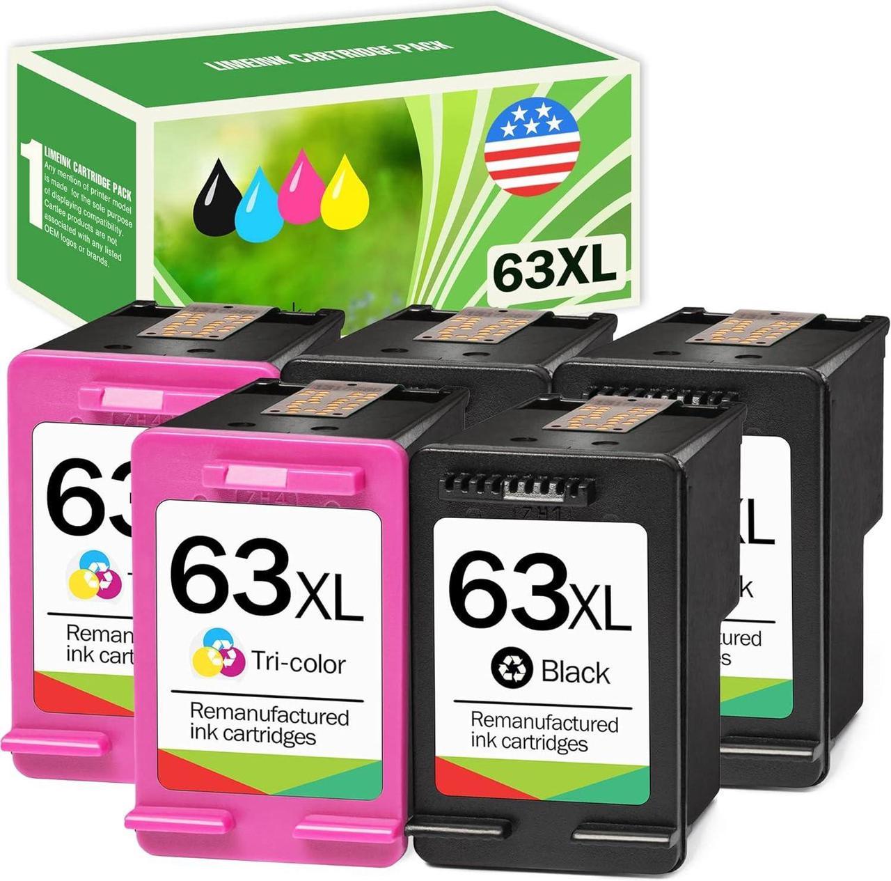 Limeink 5 Remanufactured Ink Cartridge 63XL 63 XL High Yield  Envy 4512 4520 Deskjet 3632 2130 2132 1110 3636 3637 1112 3630 3634 OfficeJet 3830 3833 4650 4652 4655 5255 5258 Printer Black Color