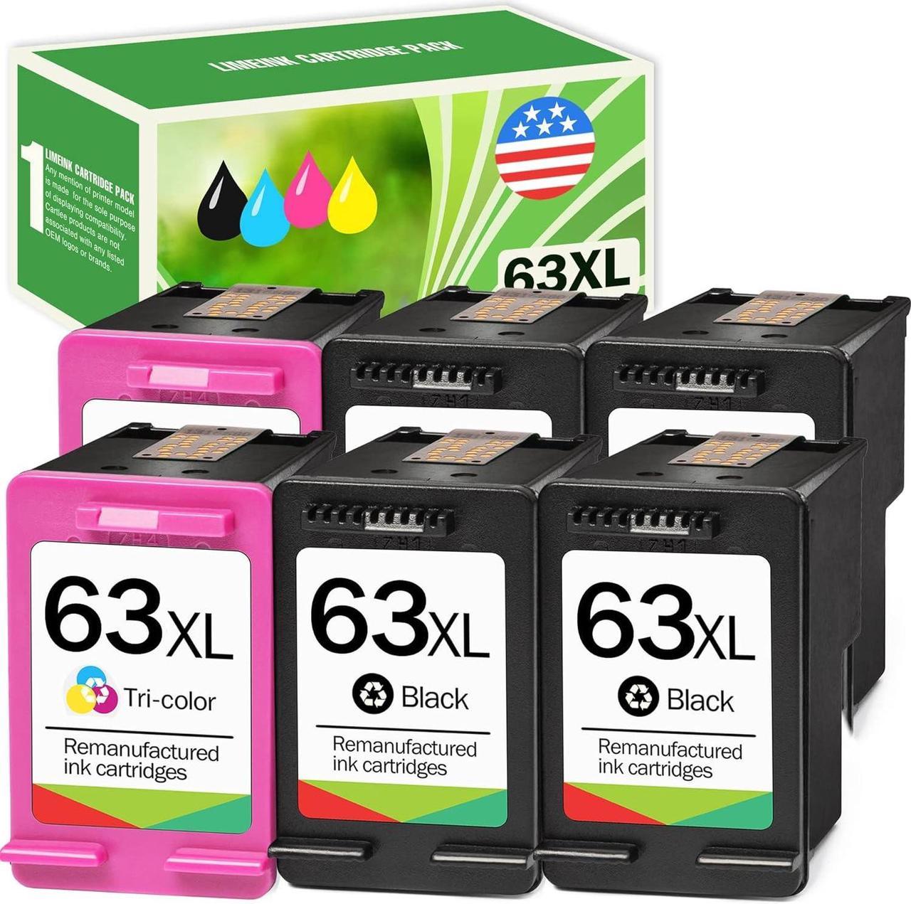 Limeink 6 Remanufactured Ink Cartridge 63XL 63 XL High Yield  Envy 4512 4520 Deskjet 3632 2130 2132 1110 3636 3637 1112 3630 3634 OfficeJet 3830 3833 4650 4652 4655 5255 5258 Printer Black Color