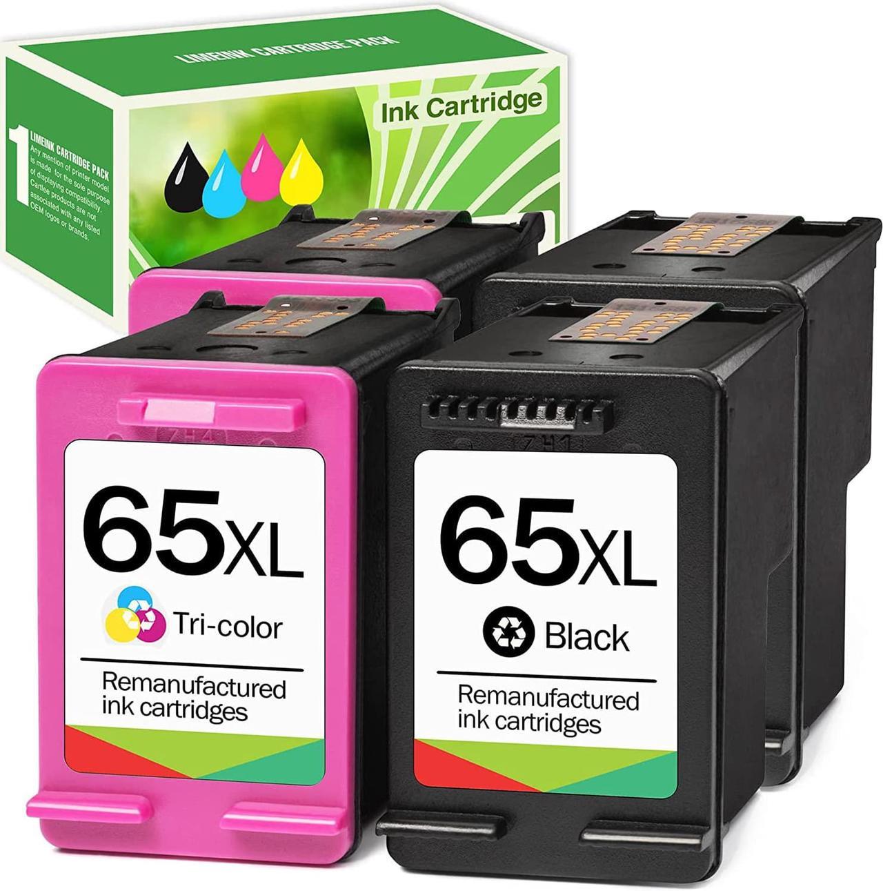 Limeink 4 Remanufactured Ink Cartridge Replacement for 65XL 65 XL High Yield  DeskJet 2600 2622 2652 2655 3700 3720 3722 3752 3755 Envy 5000 5052 5055 Printer AMP 100 Black and Color Combo Pack