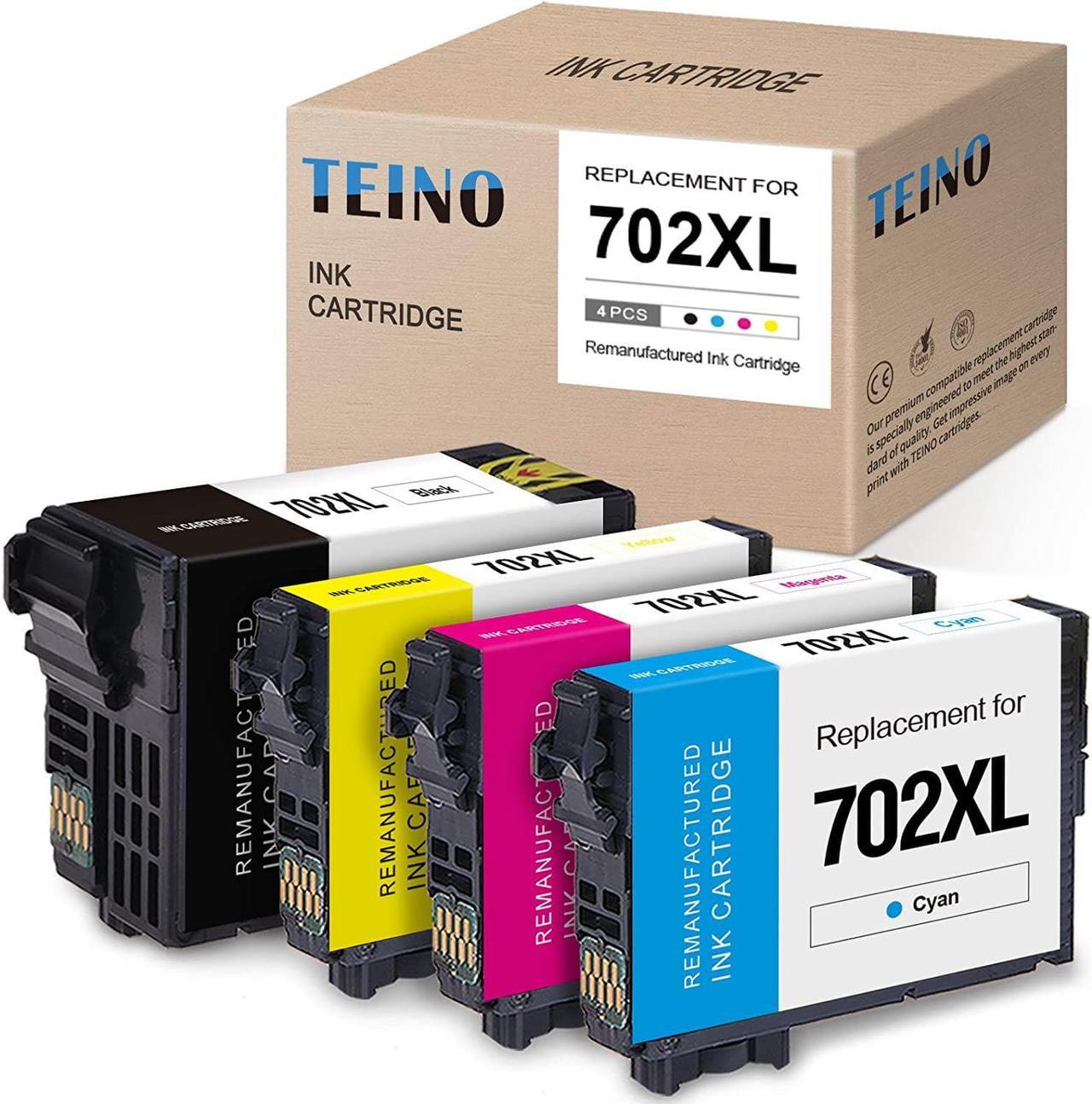 TEINO Remanufactured Ink Cartridge Replacement for Epson 702XL 702 T702 T702XL use with Epson Workforce Pro WF-3720 WF-3733 WF-3730 (Black, Cyan, Magenta, Yellow, 4-Pack)