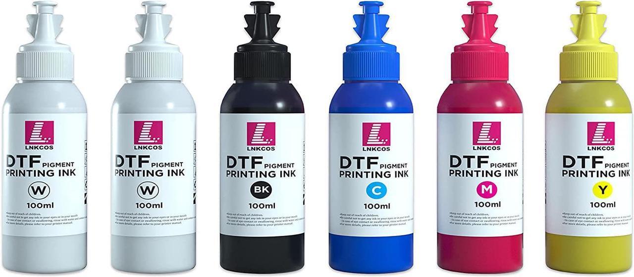 LNKCOS 6×100ML DTF Ink Refill forL1800 R2400 L800 1430 P400 P800 R2000 ET8550 XP-15000 Heat Transfer Printing Direct to Film (2 White+CMYK,6 PCS)