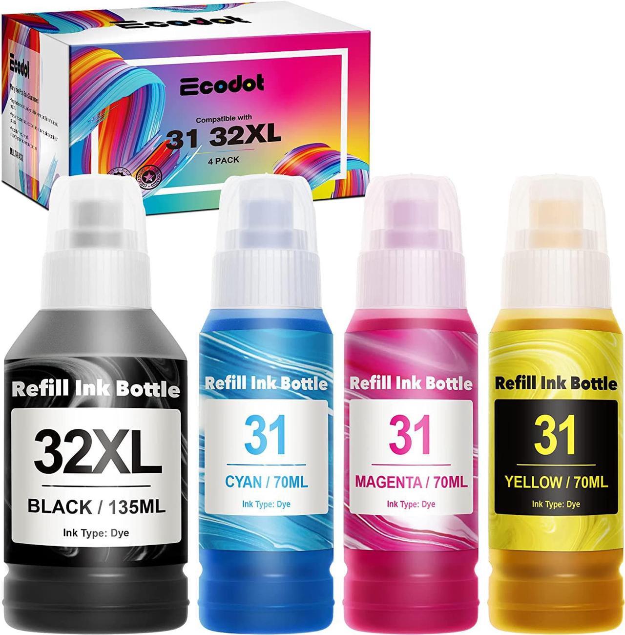 ecodot Compatible Refill Ink Bottles Kit Replacement  31 32XL 32 XL for Smart Tank Plus 551 651 455 457 Wireless All-in-One Ink-Tank Printer (1 Black,1 Cyan,1 Magenta,1 Yellow, 4 Pack)