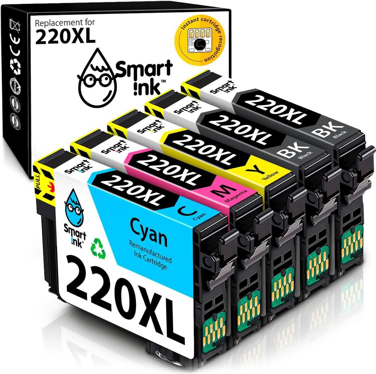 Smart Ink Remanufactured Ink Cartridge Replacement for Epson T220 220XL 220 XL (2 Black, C/M/Y 5 Combo Pack) to use with Workforce WF-2630 WF-2650 WF-2750 WF-2760 Expression Home XP-320 XP-420 XP-424