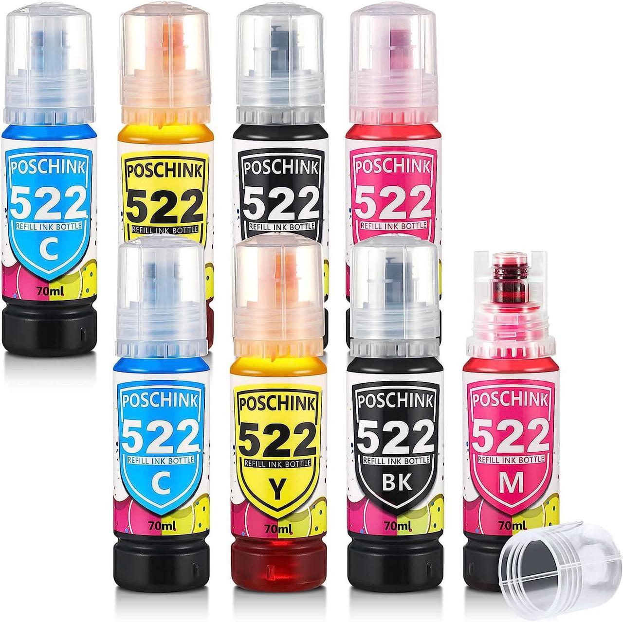 Poschink 560ml 522 T522 Ink Refill Bottles for Ecotank ET-2720 ET-2800 ET-2803 ET-4700 ET-4800 Printers, Cartridge-Free, Easy-Fill, Black/Cyan/Magenta/Yellow x 2, 8 Packs