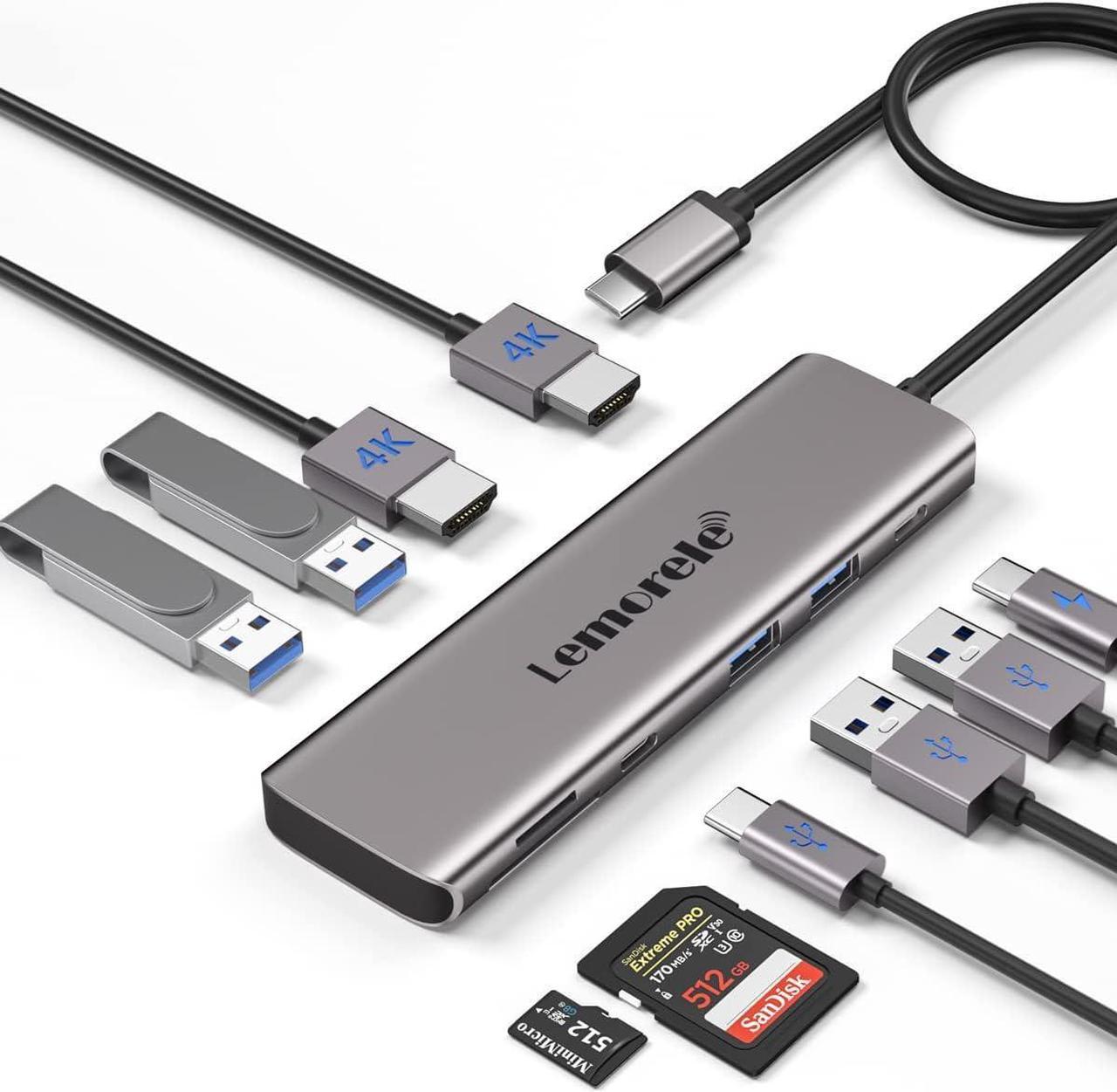 Main image of Lemorele USB C to Dual HDMI Adapter, 10-in-1 USB C Docking Station Dual Monitors for Windows, USB C Adapter with Dual HDMI, USB 3.0, 100W PD, USB-C Data,SD/TF for Dell XPS 13/15, Lenovo Yoga,etc