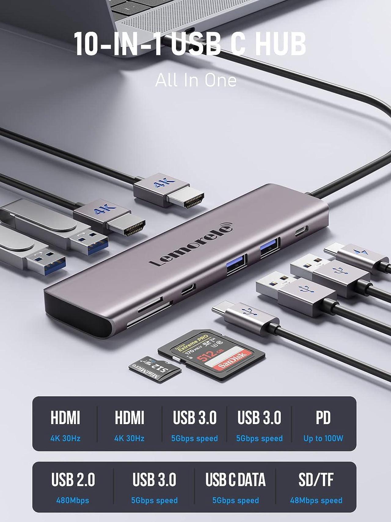 Alt view image 2 of 7 - Lemorele USB C to Dual HDMI Adapter, 10-in-1 USB C Docking Station Dual Monitors for Windows, USB C Adapter with Dual HDMI, USB 3.0, 100W PD, USB-C Data,SD/TF for Dell XPS 13/15, Lenovo Yoga,etc