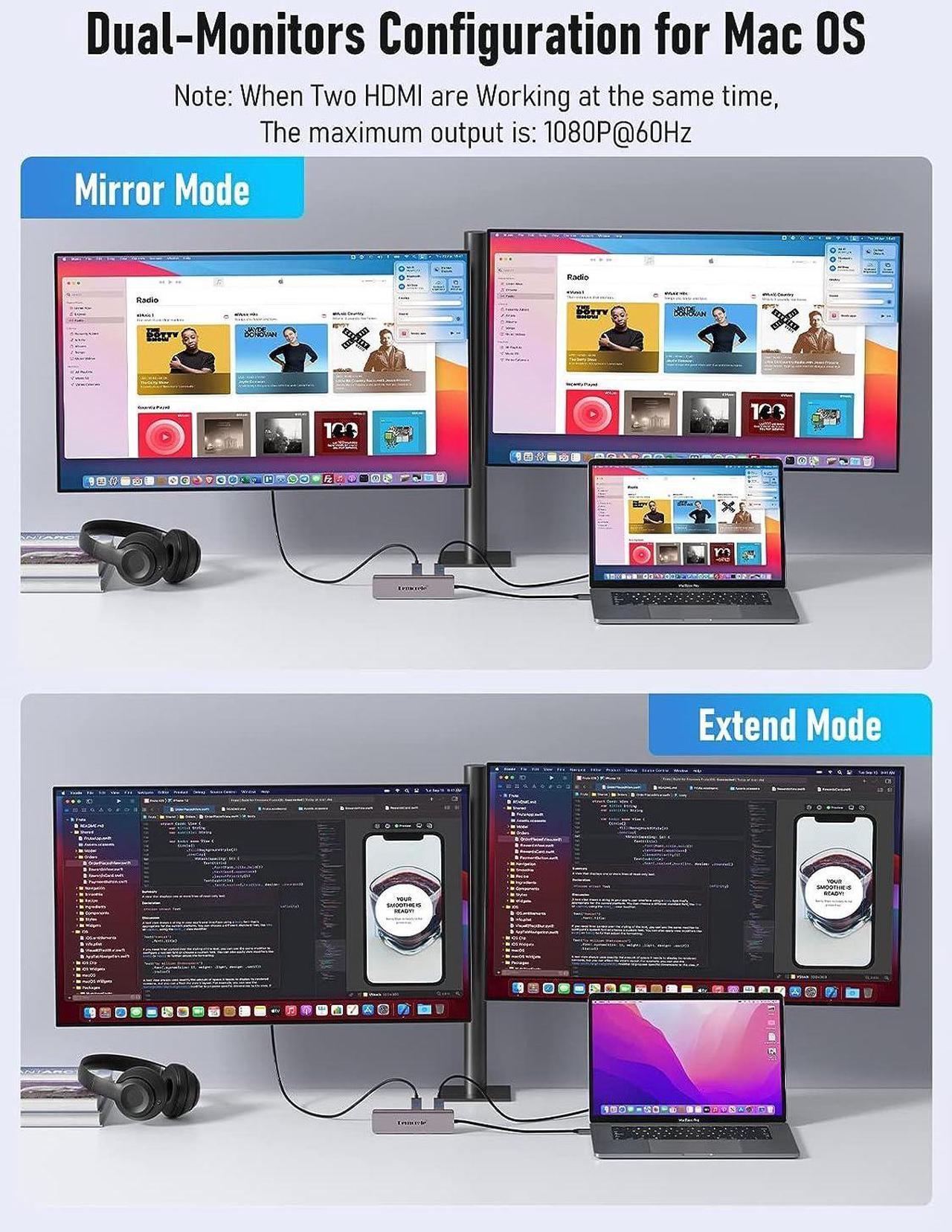 Alt view image 4 of 7 - Lemorele USB C to Dual HDMI Adapter, 10-in-1 USB C Docking Station Dual Monitors for Windows, USB C Adapter with Dual HDMI, USB 3.0, 100W PD, USB-C Data,SD/TF for Dell XPS 13/15, Lenovo Yoga,etc