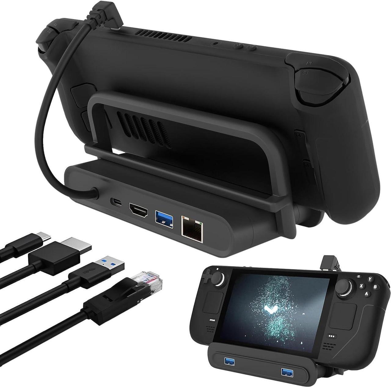 Docking Station Compatible with Steam Deck, 6-in-1 Steam Deck Dock with HDMI 2.0 4K@60Hz, Gigabit Ethernet, 3 USB-A 3.0 and Full Speed Charging USB-C Port Compatible with Valve Steam DeckFoldable