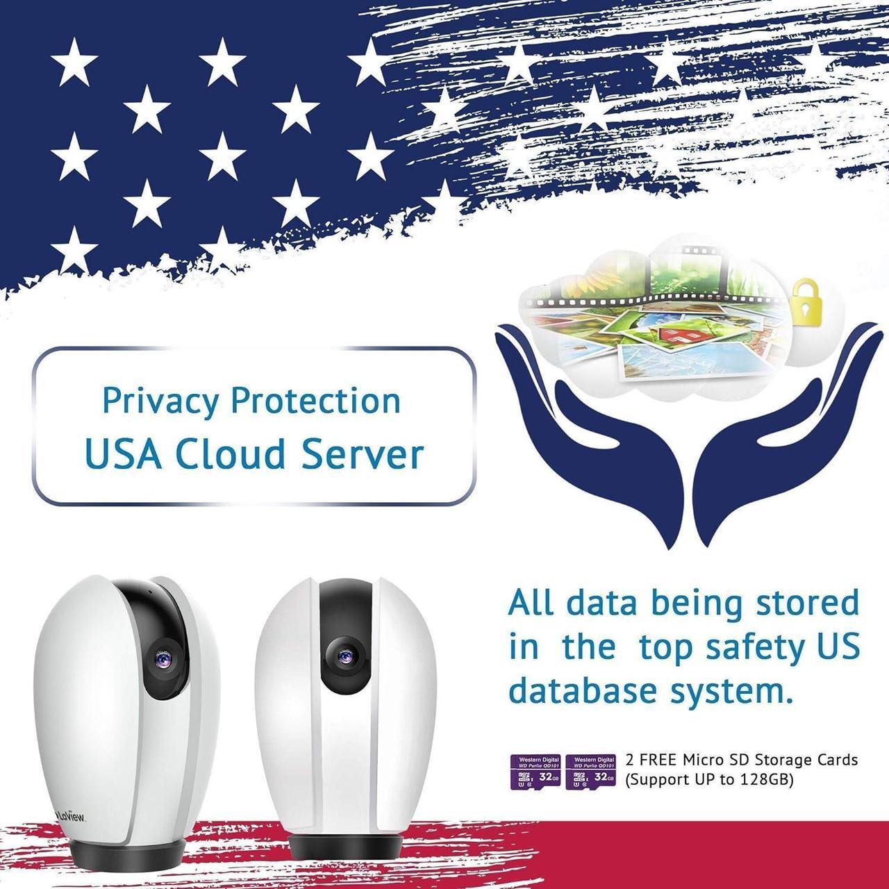 Alt view image 4 of 7 - LaView Security Cameras for Home + 2X 32GB SD Cards,PT Home Security Camera System with Motion Detection,Two-Way Audio,Night Vision,Indoor WiFi Camera for Baby/pet,Alexa,USA Cloud Service