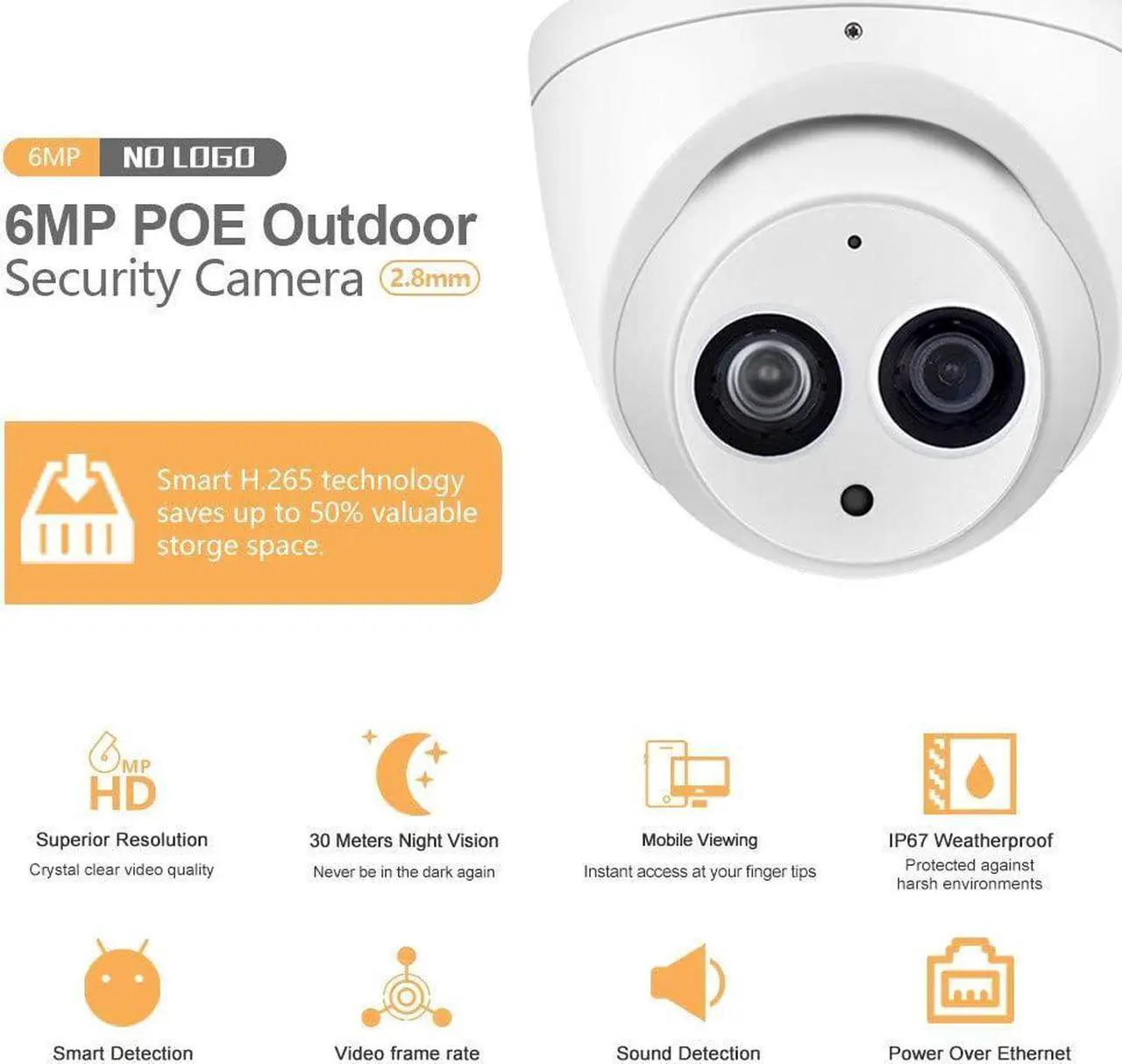 Alt view image 2 of 7 - VIKYLIN 6MP IP PoE Security Camera with 165Ft IR Night Vision, Outdoor Indoor Turret/Dome Surveillance Camera with 2.8mm Lens, Built-in Mic, WDR, 3D DNR, IP67 Waterproof, IVS Detection