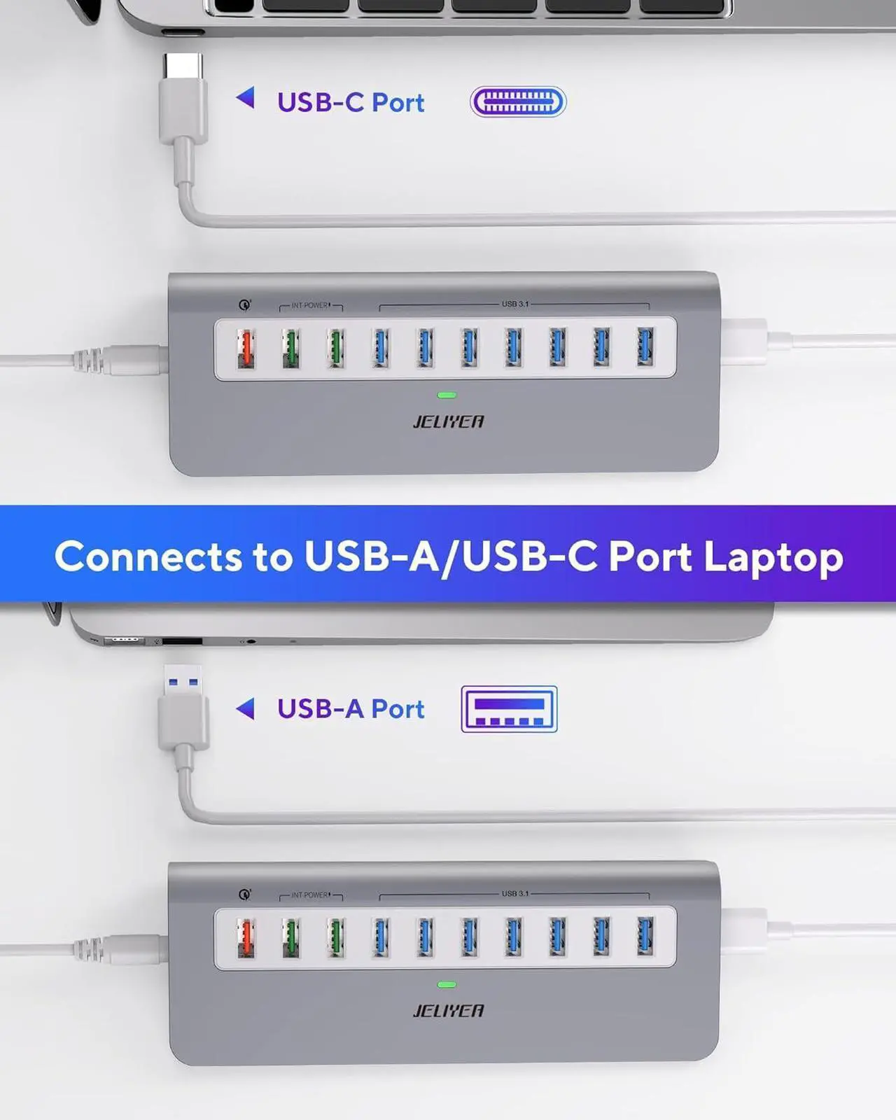 Alt view image 5 of 6 - Powered USB Hub 10Gbps, 10 Ports USB 3.1 Gen 2 Hub Power Multiport USB Splitter USB Extender (7 USB 3.1 Data Port and 3 Fast Charging Port) with 36W Power Adapter, for Desktop/USB-A&USB-C Laptop/PC