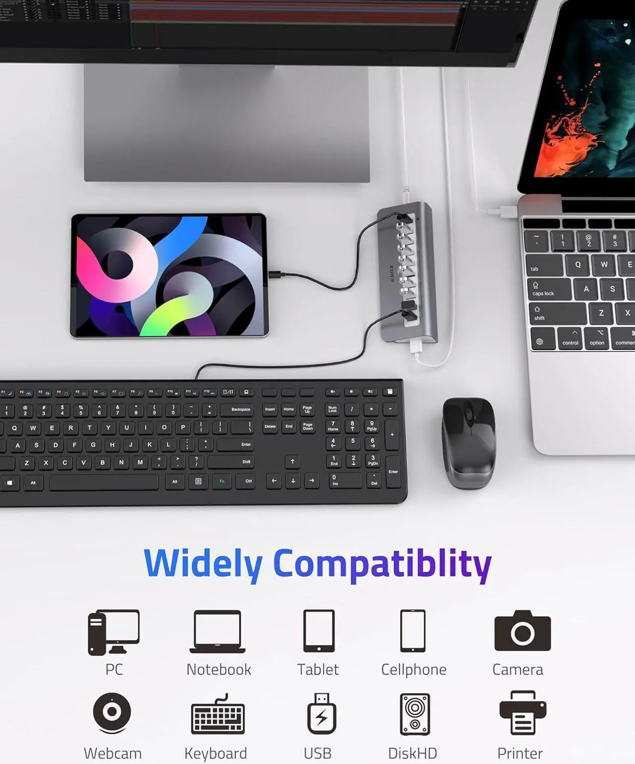 Alt view image 6 of 6 - Powered USB Hub 10Gbps, 10 Ports USB 3.1 Gen 2 Hub Power Multiport USB Splitter USB Extender (7 USB 3.1 Data Port and 3 Fast Charging Port) with 36W Power Adapter, for Desktop/USB-A&USB-C Laptop/PC