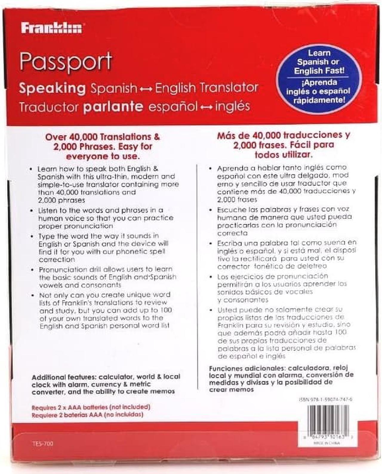 Alt view image 2 of 2 - Franklin Passport TES-700 Speaking English Spanish Translator Silver