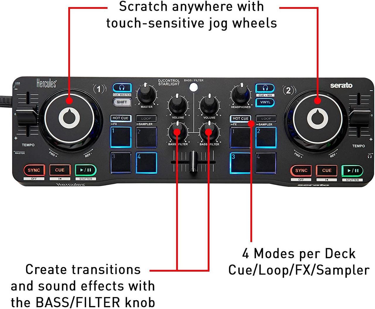 Alt view image 4 of 9 - Hercules DJCONTROL STARLIGHT Compact DJ Controller w/Built-in Serato Sound Card