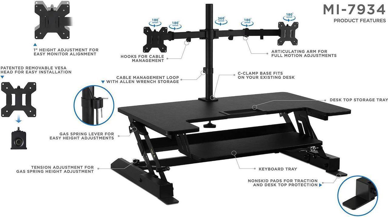 Alt view image 2 of 15 - Mount-It! Standing Desk Converter with Bonus Dual Monitor Mount Included | Wide 36 Inch Platform