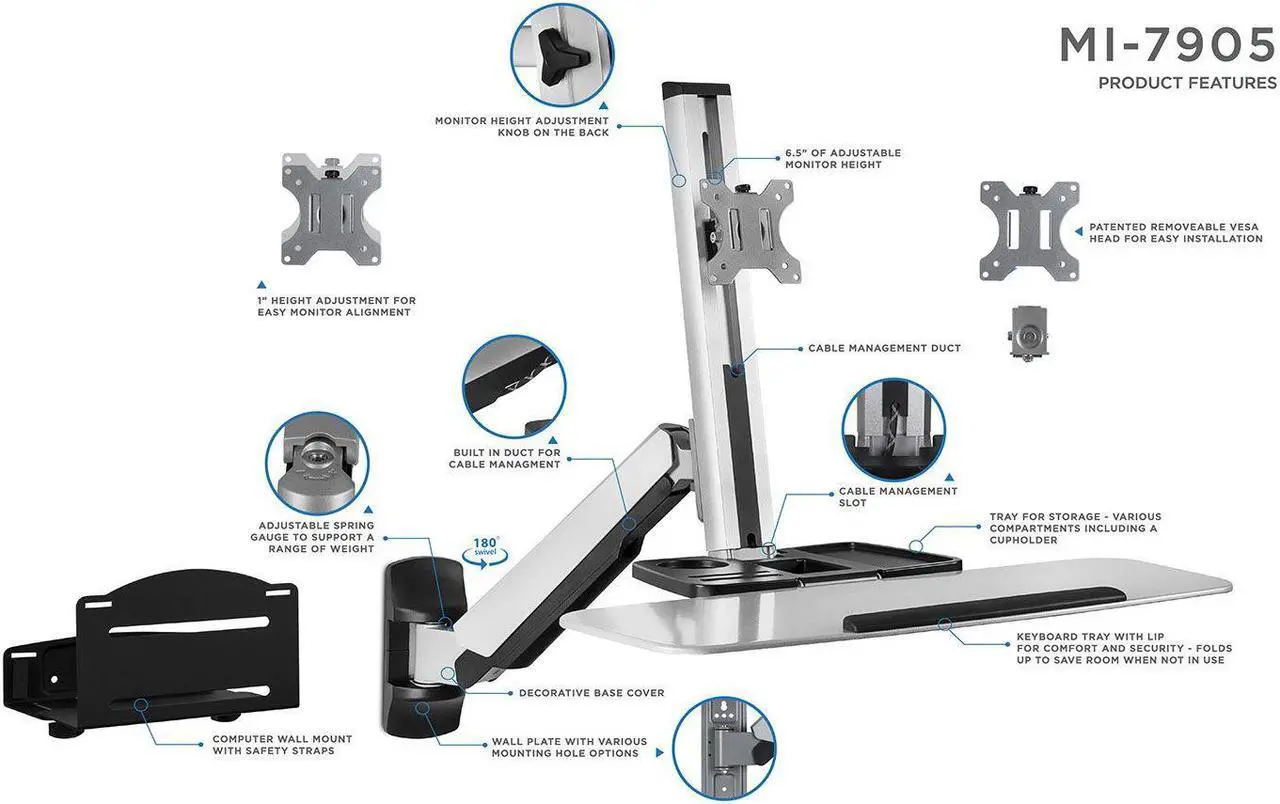 Alt view image 5 of 8 - Mount-It! Standing Computer Work Station with Articulating Monitor Mount, Keyboard Tray Arm and CPU Holder