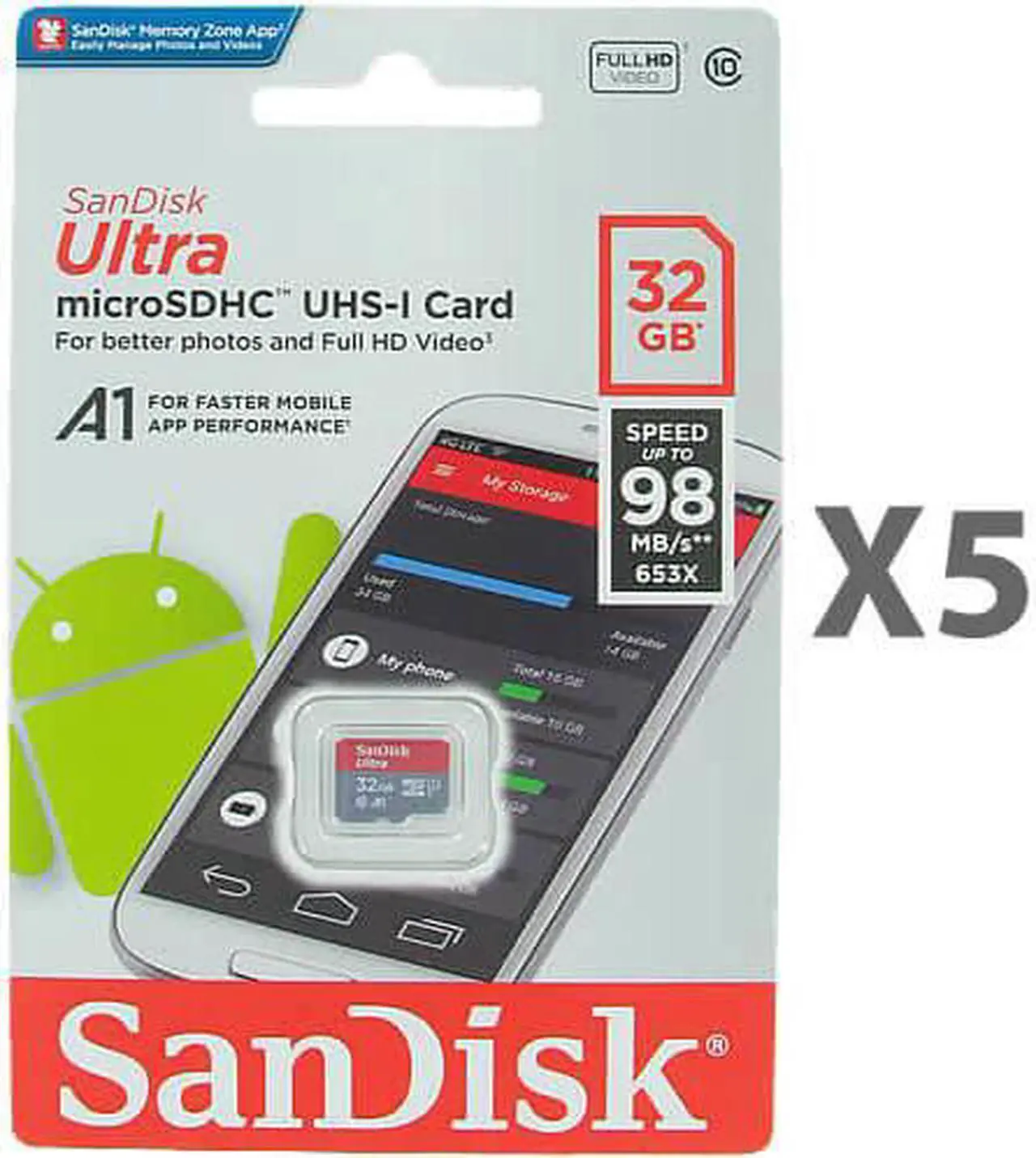 Main image of SanDisk 32GB microSDHC Class 10 SDSQUAR-032G-GN6MN Memory Card Retail (5 Pack) w/o Adapter