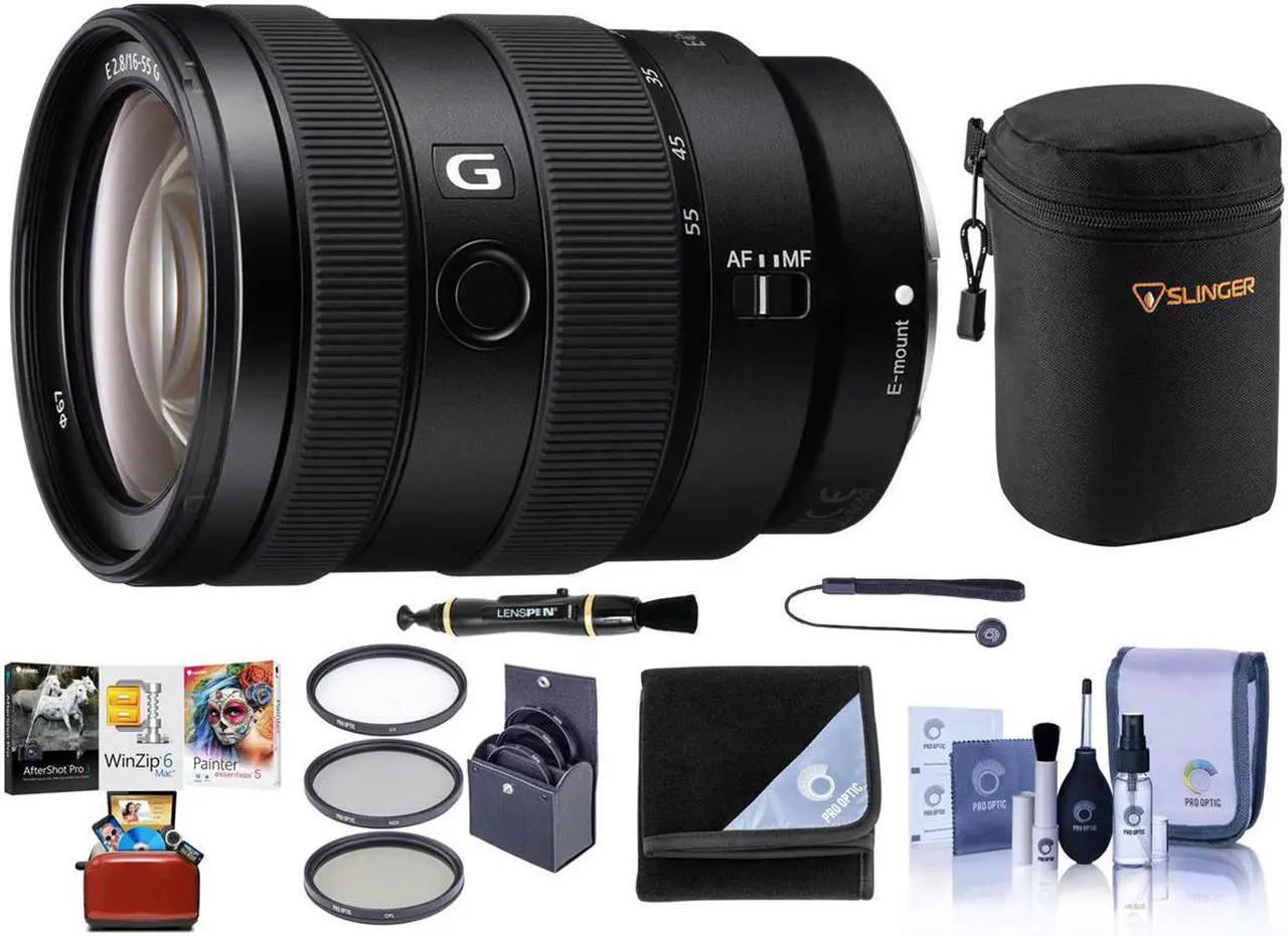 Main image of Sony E 16-55mm f/2.8 G Lens, Bundle with ProOptic 67mm Filter Kit, Lens Case, Cap Tether, Cleaning Kit, Lens Wrap, Lens Pen Lens Cleaner, Mac Software Kit