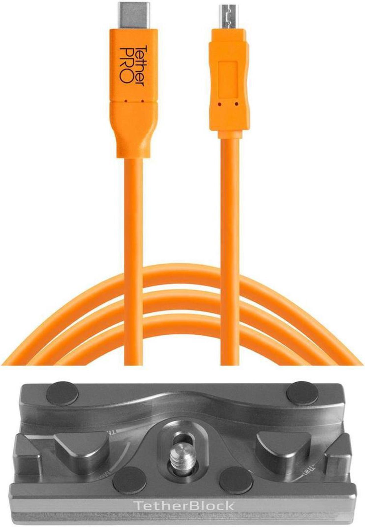 Main image of Tether Tools TetherBLOCK Plate, 15' USB-C to Mini-USB 2.0 B 8-Pin Cable, Orange