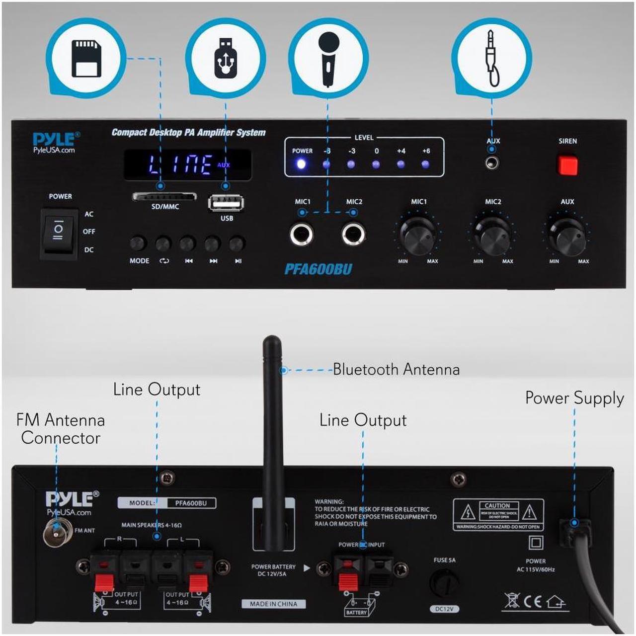 Alt view image 10 of 20 - Bluetooth Public Address Amplifier - Compact PA Speaker & Microphone Receiver System with (2) Mic Inputs, MP3/USB/SD Readers, FM Radio (300 Watt)
