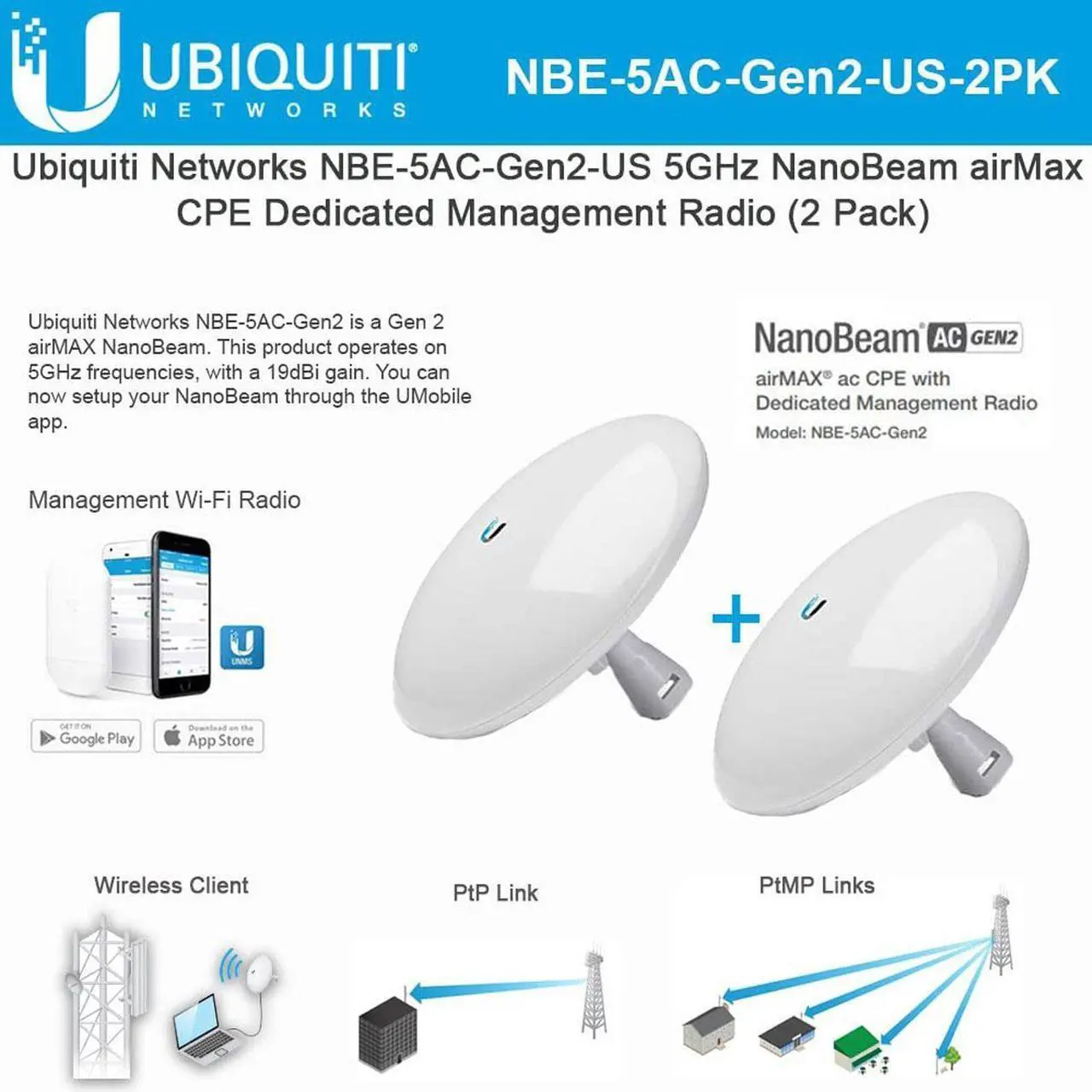 Alt view image 4 of 10 - Ubiquiti NBE-5AC-GEN2-US Wireless Bridge
