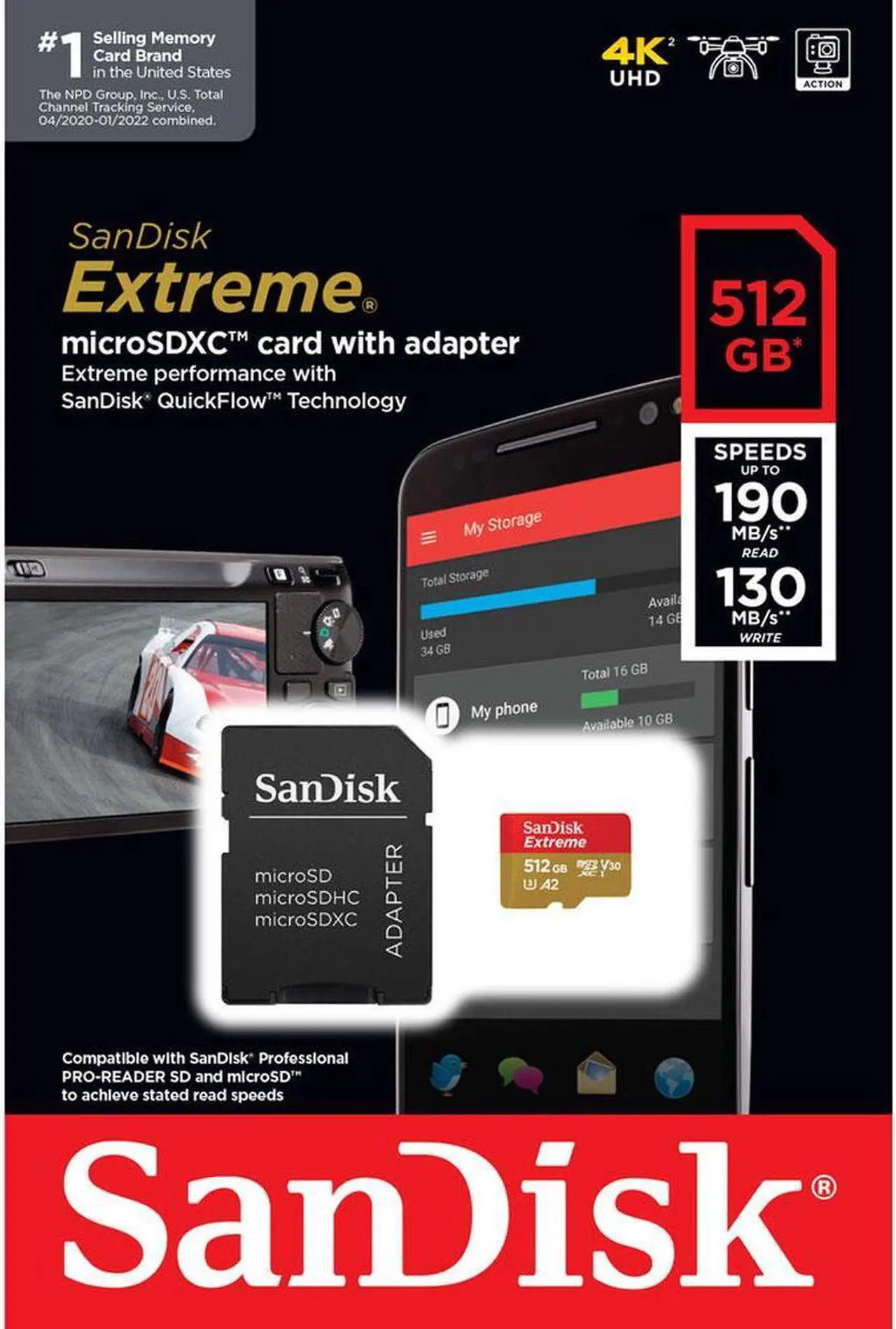 Alt view image 8 of 9 - SanDisk 512GB Extreme Class 3/UHS-I (U3) V30 microSDXC 190 MB/s Read 130 MB/s Write