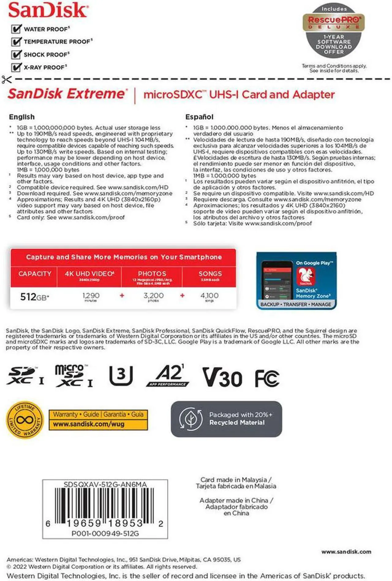 Alt view image 9 of 9 - SanDisk 512GB Extreme Class 3/UHS-I (U3) V30 microSDXC 190 MB/s Read 130 MB/s Write