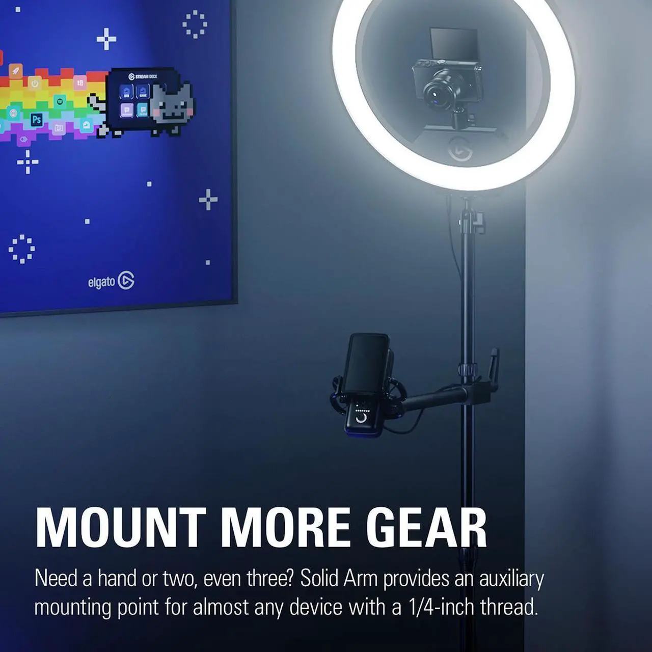 Alt view image 8 of 12 - Elgato Solid Arm, Holding Arm with Padded Clamp for easy Mounting and Adjusting of Lights, Cameras, and Microphones, for Streaming, Videoconferencing, and Studios