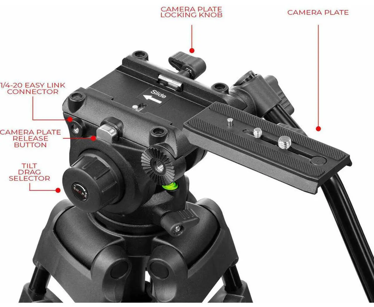 Alt view image 4 of 7 - Shape 4-Section Aluminum Video Tripod with 75mm Bowl Fluid Head #SVT10K