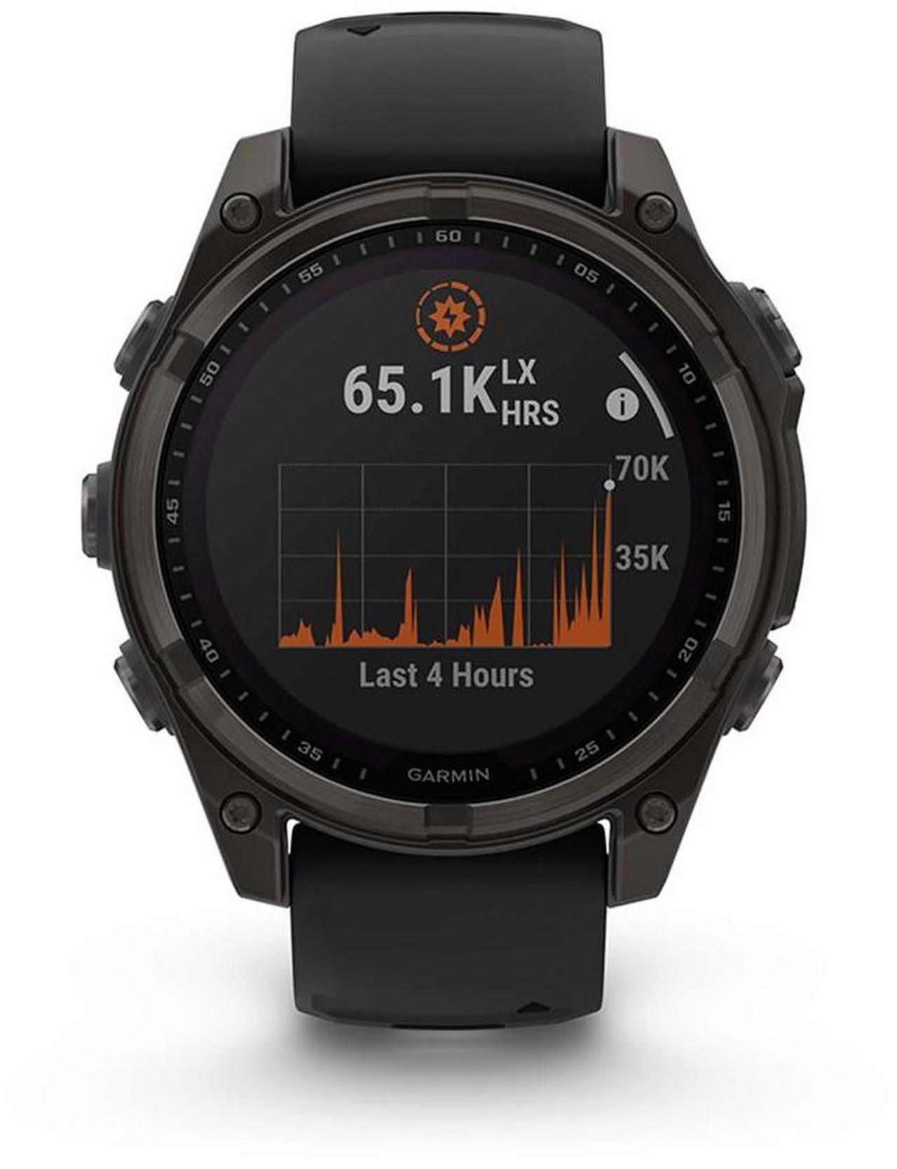 Alt view image 10 of 15 - Garmin fnix® 8 - 47 mm, Solar, AMOLED, Sapphire, Premium Multisport GPS Smartwatch, Long-Lasting Battery Life, Dive-Rated, Built-in LED Flashlight, Carbon Gray DLC Titanium with Pebble Gray Band