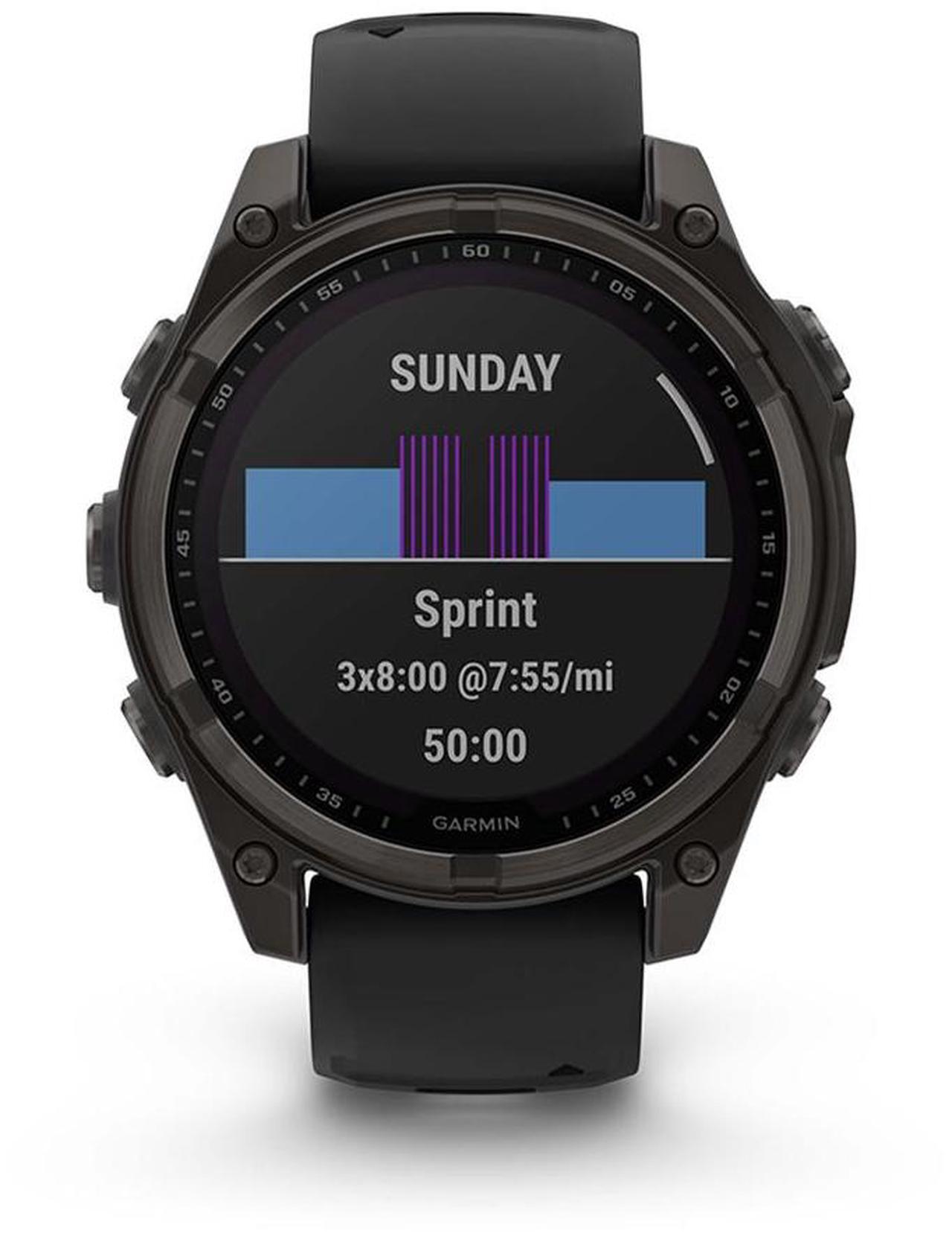 Alt view image 12 of 15 - Garmin fnix® 8 - 47 mm, Solar, AMOLED, Sapphire, Premium Multisport GPS Smartwatch, Long-Lasting Battery Life, Dive-Rated, Built-in LED Flashlight, Carbon Gray DLC Titanium with Pebble Gray Band