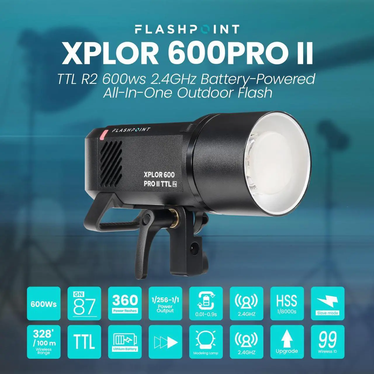 Alt view image 4 of 5 - Flashpoint XPLOR 600PRO II TTL R2 600ws 2.4GHz Battery-Powered All-In-One Outdoor Flash with AC Adapter Unit