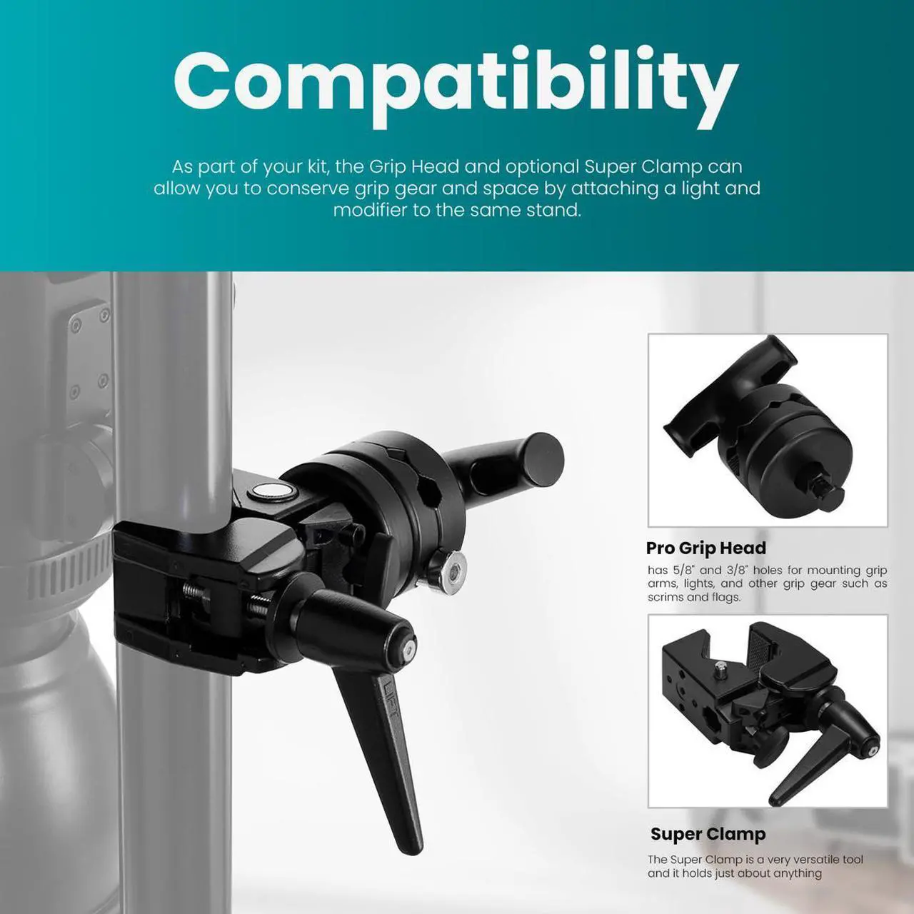 Alt view image 5 of 7 - Flashpoint 2.5" Pro Grip Head with Super Clamp and Ratchet Handle, Black
