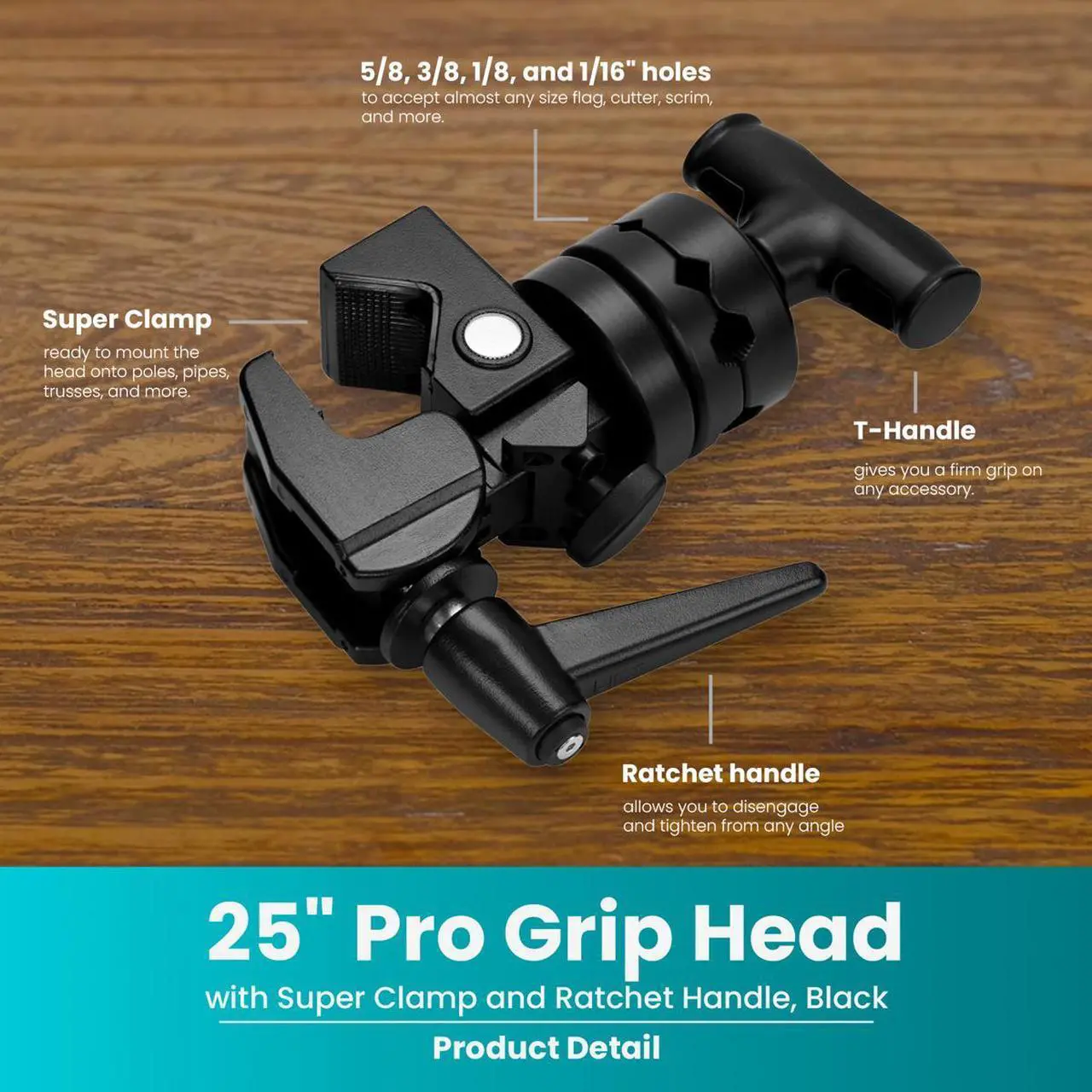 Alt view image 2 of 7 - Flashpoint 2.5" Pro Grip Head with Super Clamp and Ratchet Handle, Black