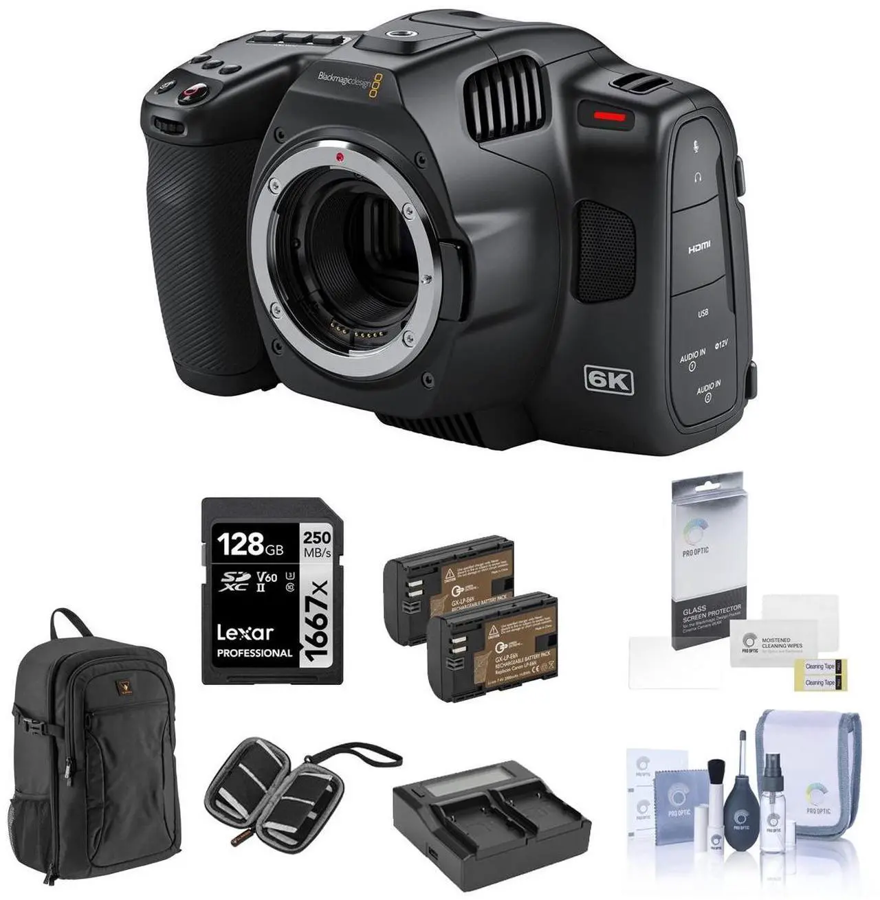Main image of Blackmagic Design Pocket Cinema Camera 6K Pro Bundle with 128GB SD Card, Backpack, 2x Battery, Charger, Screen Protector, SD Card Case, Cleaning Kit