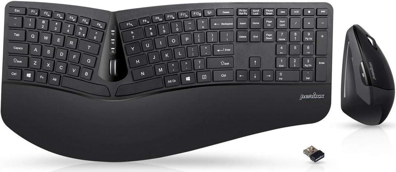 Perixx Periduo-605, Wireless Ergonomic Split Keyboard and Vertical Mouse Combo, Adjustable Palm Rest and Membrane Low Profile Keys, Black, US English Layout (11633)