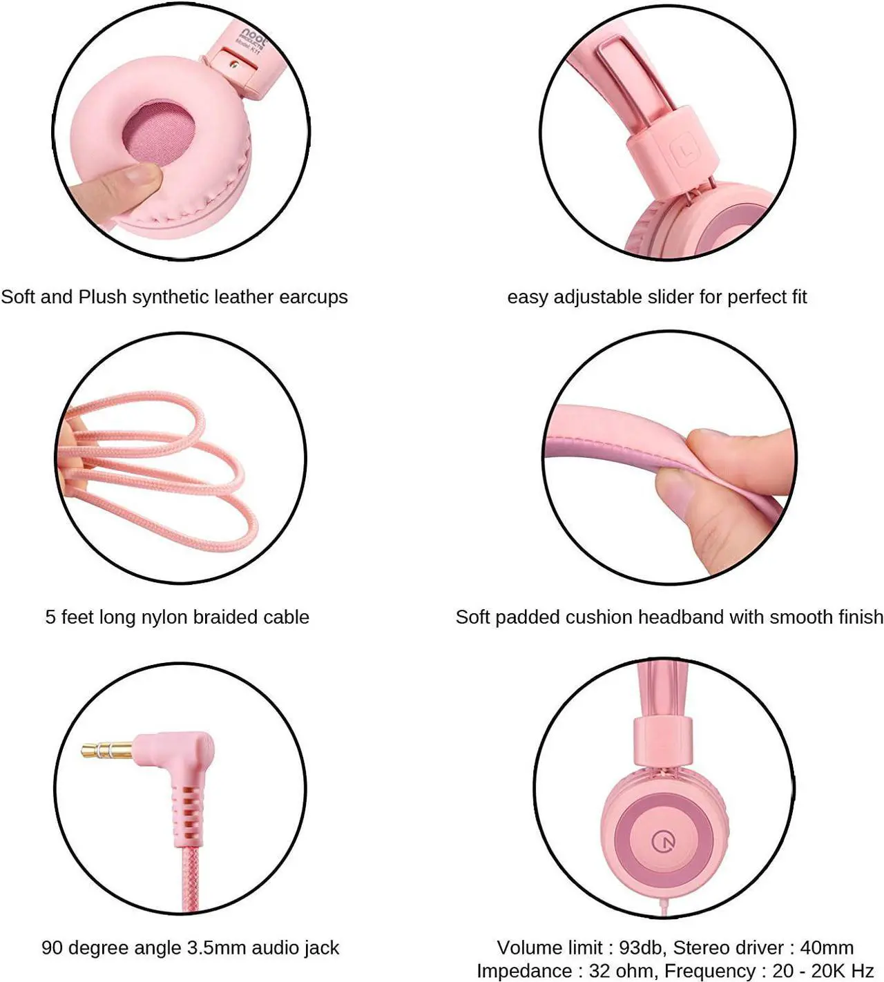 Alt view image 4 of 7 - noot products Kids Headphones K11 Foldable Stereo Tangle-Free 5ft Long Cord 3.5mm Jack Plug in Wired On-Ear Headset for iPad/Girls/Boys/School/Laptop/Travel/Plane/Tablet-Soft Pink