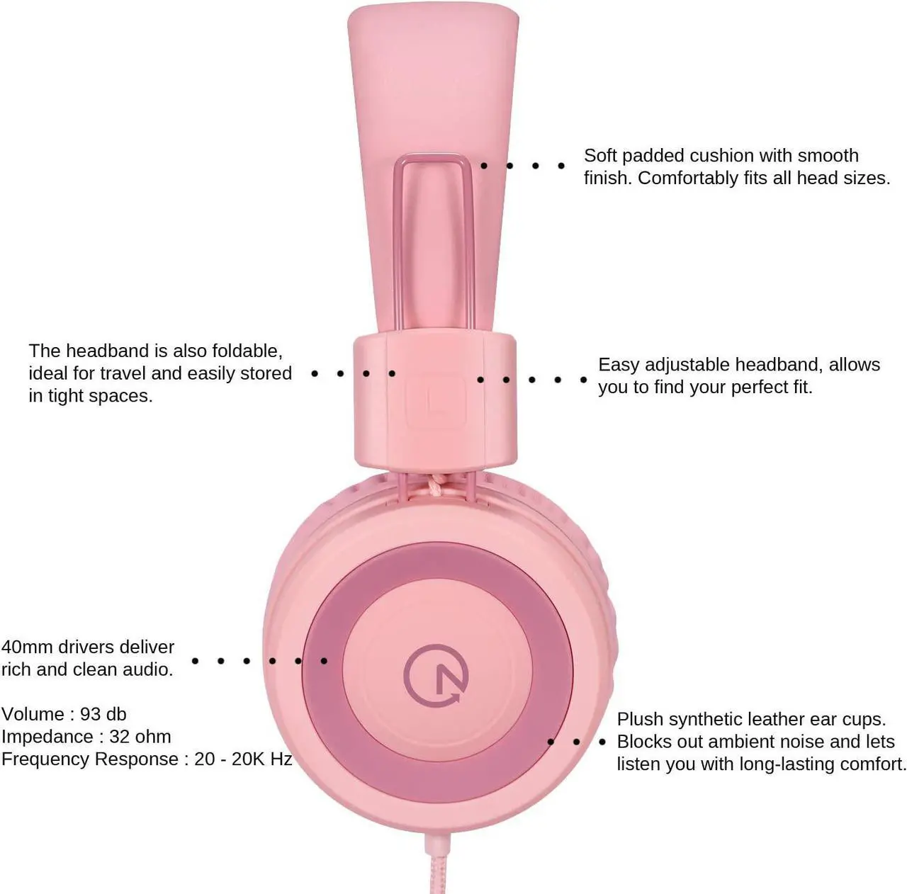 Alt view image 3 of 7 - noot products Kids Headphones K11 Foldable Stereo Tangle-Free 5ft Long Cord 3.5mm Jack Plug in Wired On-Ear Headset for iPad/Girls/Boys/School/Laptop/Travel/Plane/Tablet-Soft Pink