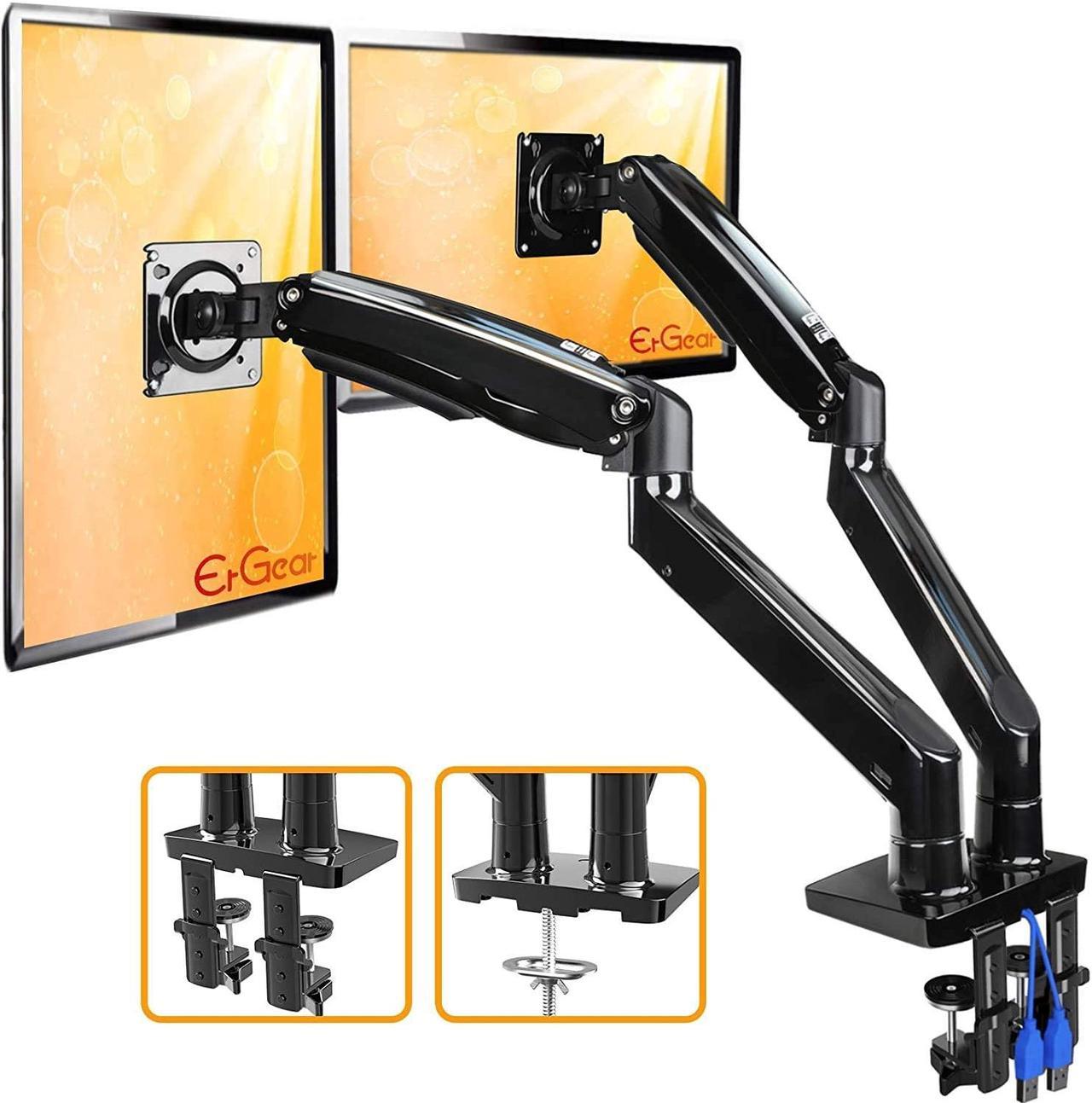 ErGear 22-35” Premium Dual Monitor Stand Mount w/USB, Ultrawide Computer Screen Desk Mount w/Full Motion Gas Spring Arm, Height/Tilt/Swivel/Rotation Adjustable, Holds from 6.6lbs to 26.5lbs / arm