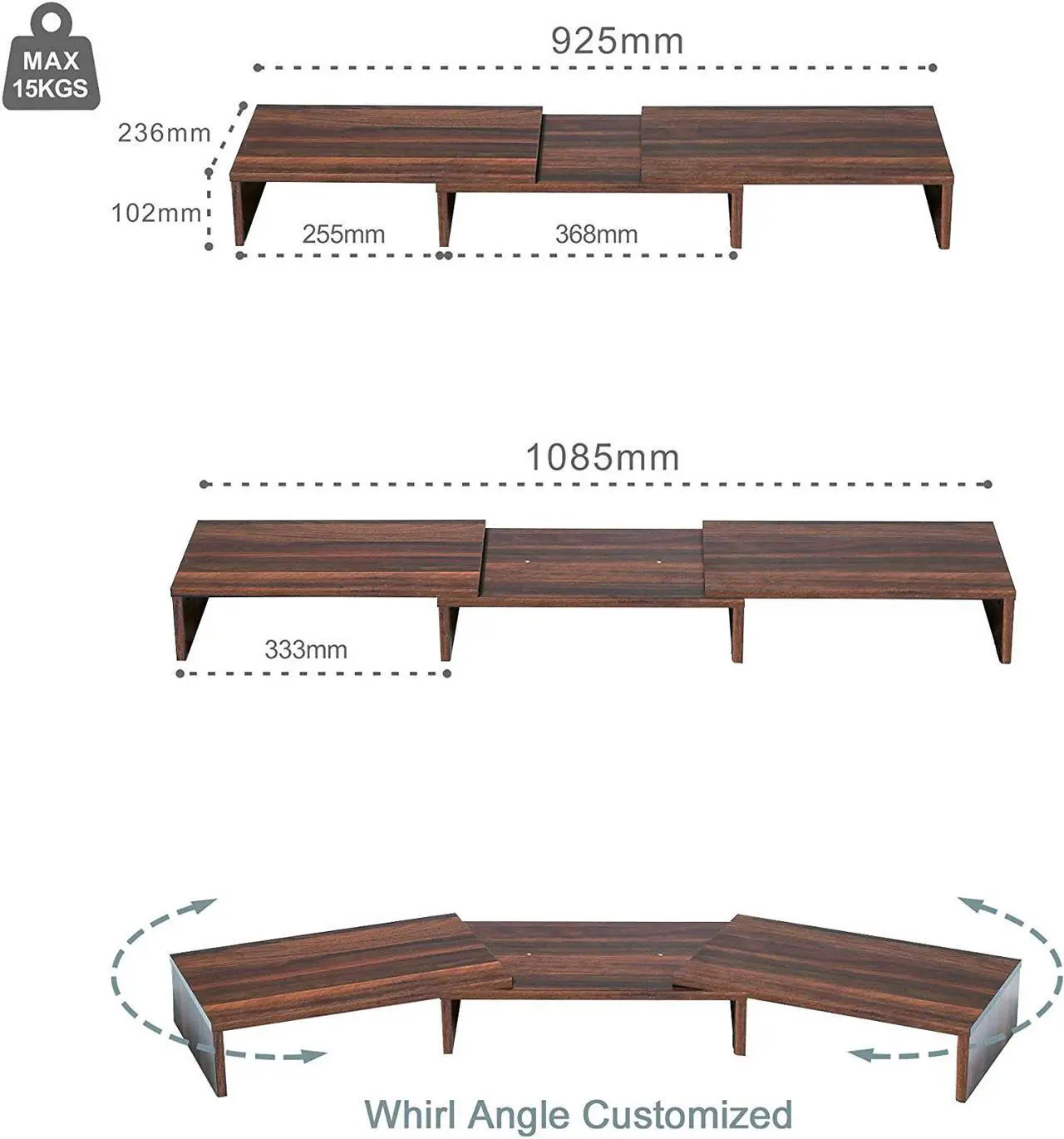Alt view image 5 of 7 - FITUEYES 3 Shelf Monitor Stand Riser with Adjustable Length and Angle Brown DT108002WB