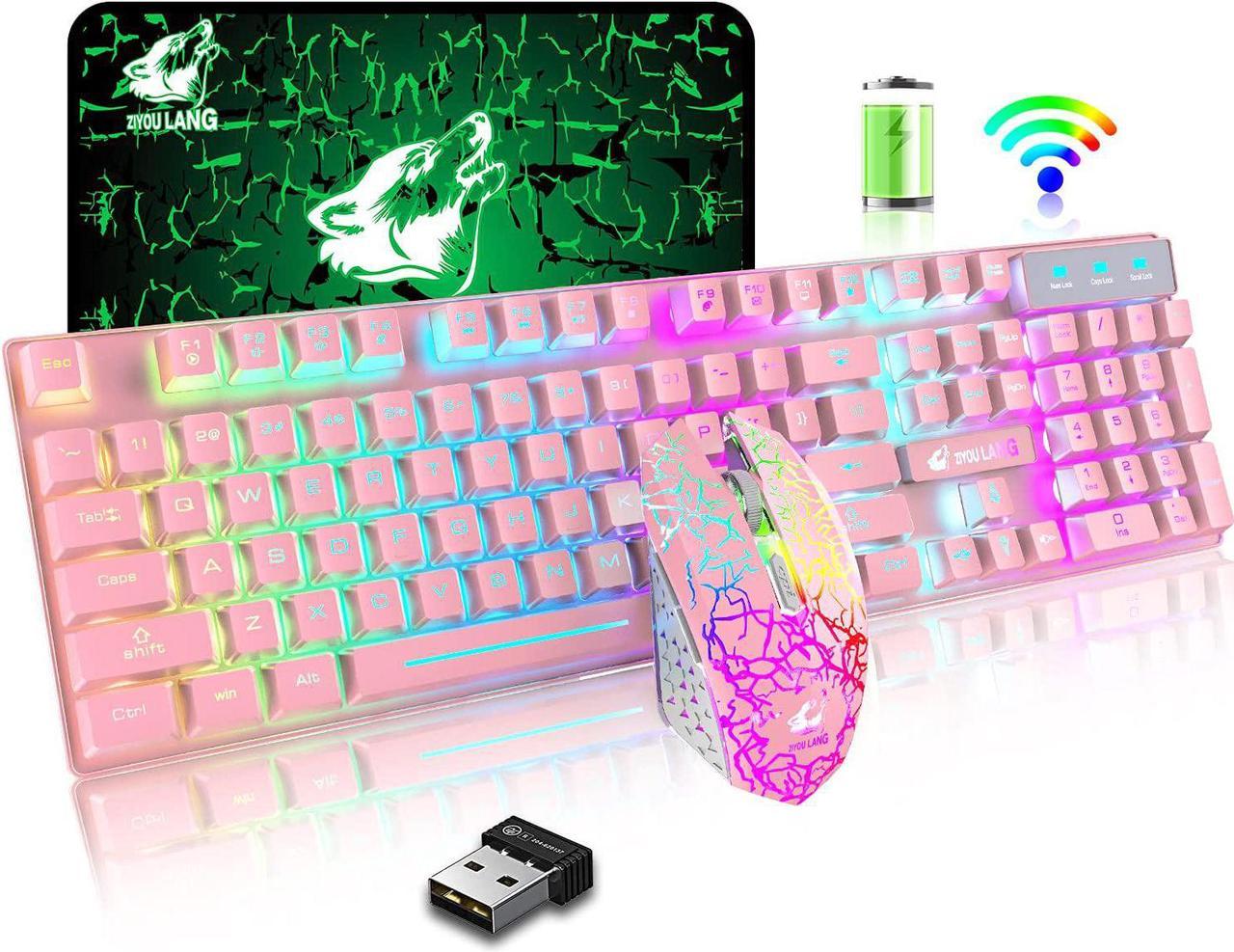 Wireless Gaming Keyboard and Mouse Combo Ranibow LED Backlit Rechargeable 4000mAh Battery Mechanical Feeling Waterproof Dustproof 7 Color Backlit Mute Mice for Computer Mac Gamer (Pink & Ranibow)