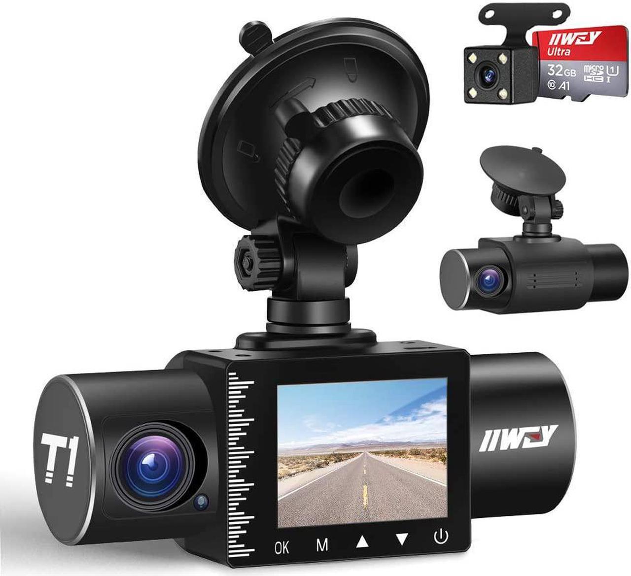 iiwey Dash Cam Front Rear and Inside 1080P Three Channels with IR Night Vision Car Camera SD Card Included Dashboard Camera Dashcam for Cars HDR Motion Detection and G-Sensor for Car, Taxi, Uber