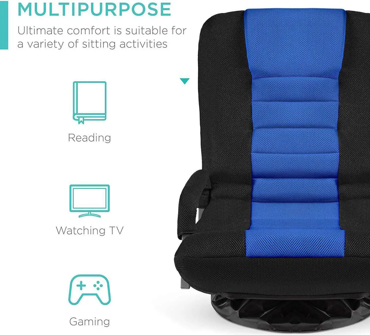 Alt view image 4 of 7 - Best Choice Products Swivel Gaming Chair 360 Degree Multipurpose Floor Chair Rocker for TV, Reading, Playing Video Games w/Lumbar Support, Armrest Handles, Adjustable Foldable Backrest - Black/Blue
