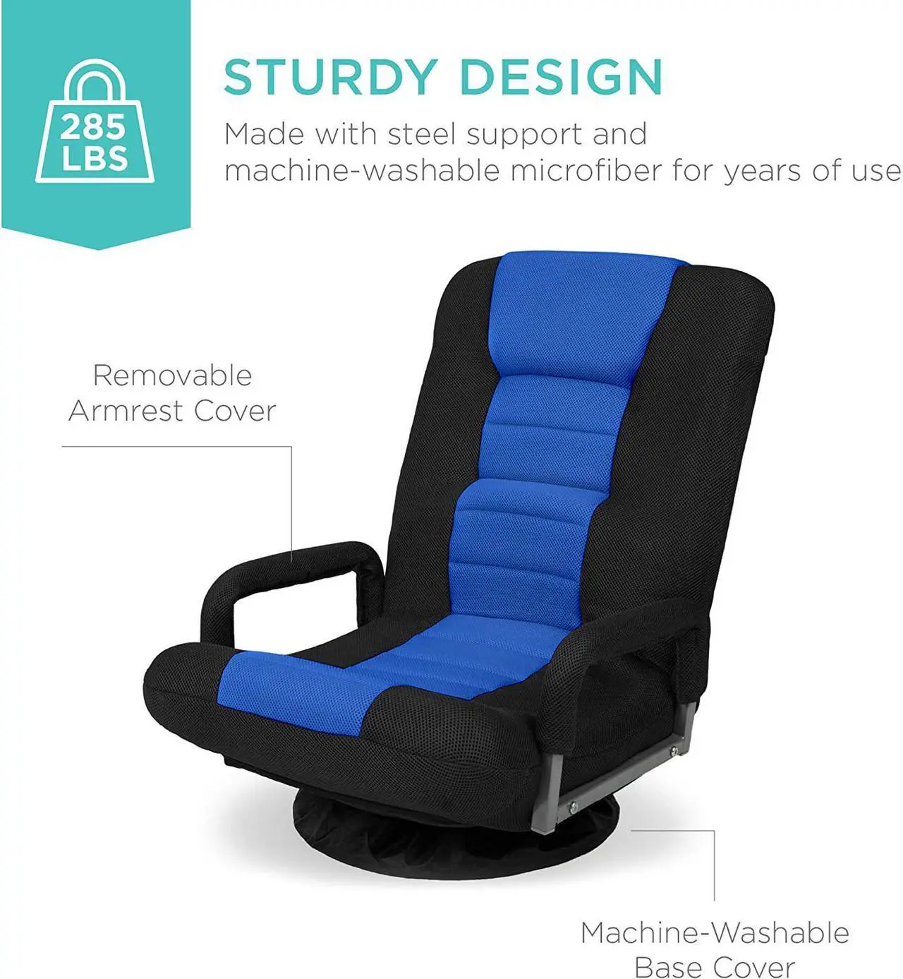 Alt view image 6 of 7 - Best Choice Products Swivel Gaming Chair 360 Degree Multipurpose Floor Chair Rocker for TV, Reading, Playing Video Games w/Lumbar Support, Armrest Handles, Adjustable Foldable Backrest - Black/Blue